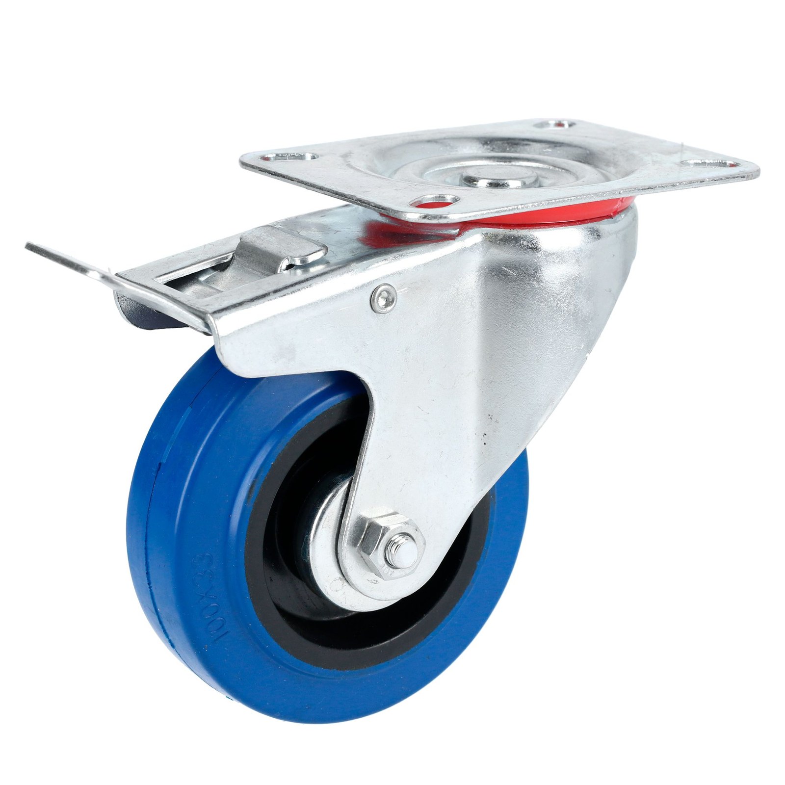 Rodaja de goma elástica giratoria con freno azul 4" Surtek