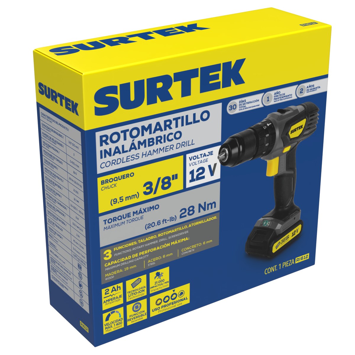 Rotomartillo de imp 3/8" a batería Litio-ion 12 V 28 Nm Surtek - Imagen 2