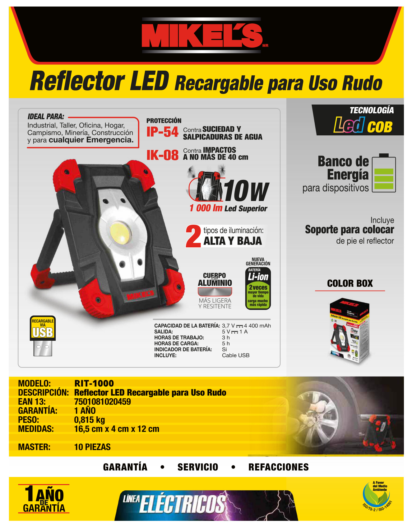MIKELS RIT-1000 Lámpara Reflector LED (10W recargable) Uso Rudo - Imagen 4
