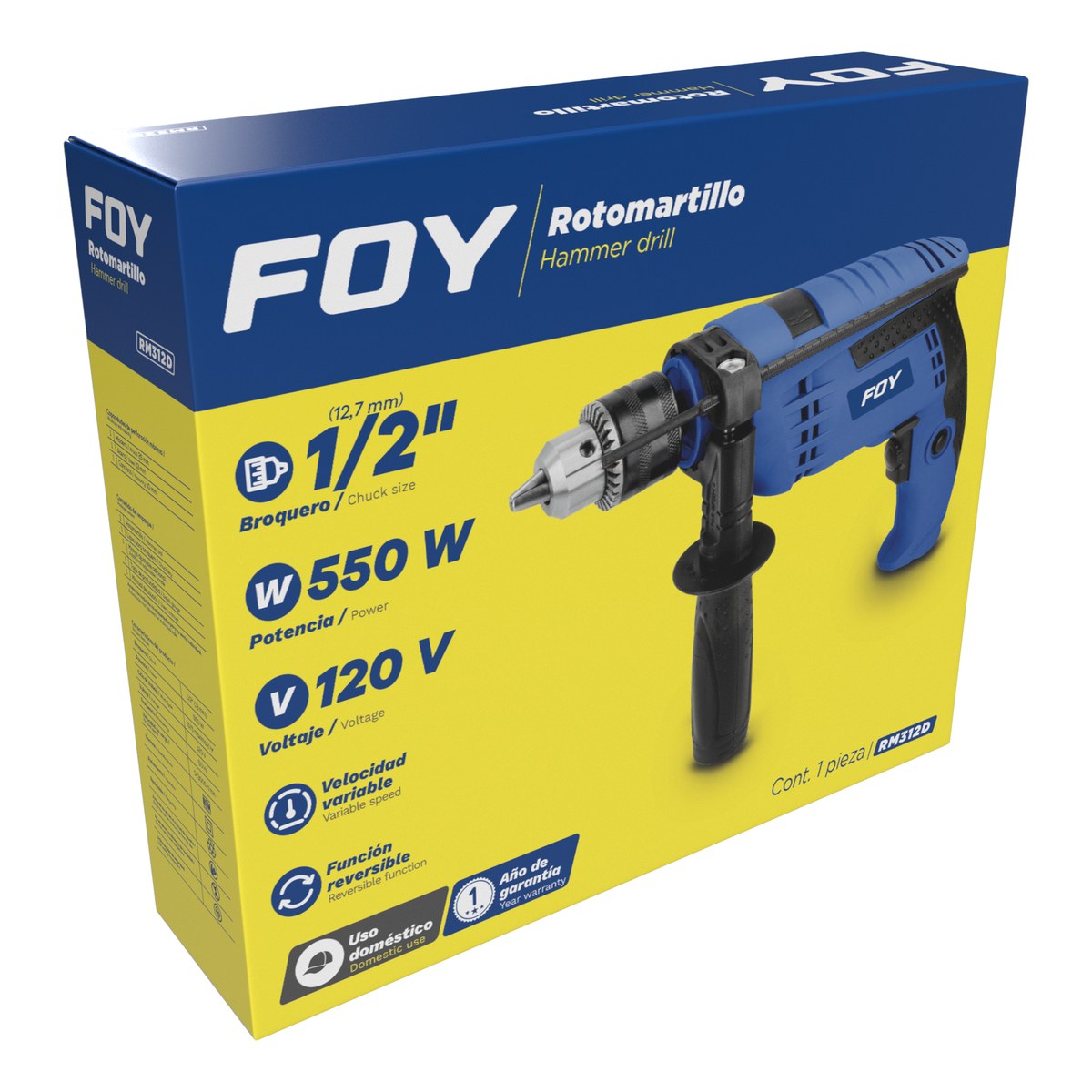 Rotomartillo 1/2" 550 W, 120 V, 0 - 3000 RPM con mango adicional ajustable Foy - Imagen 2