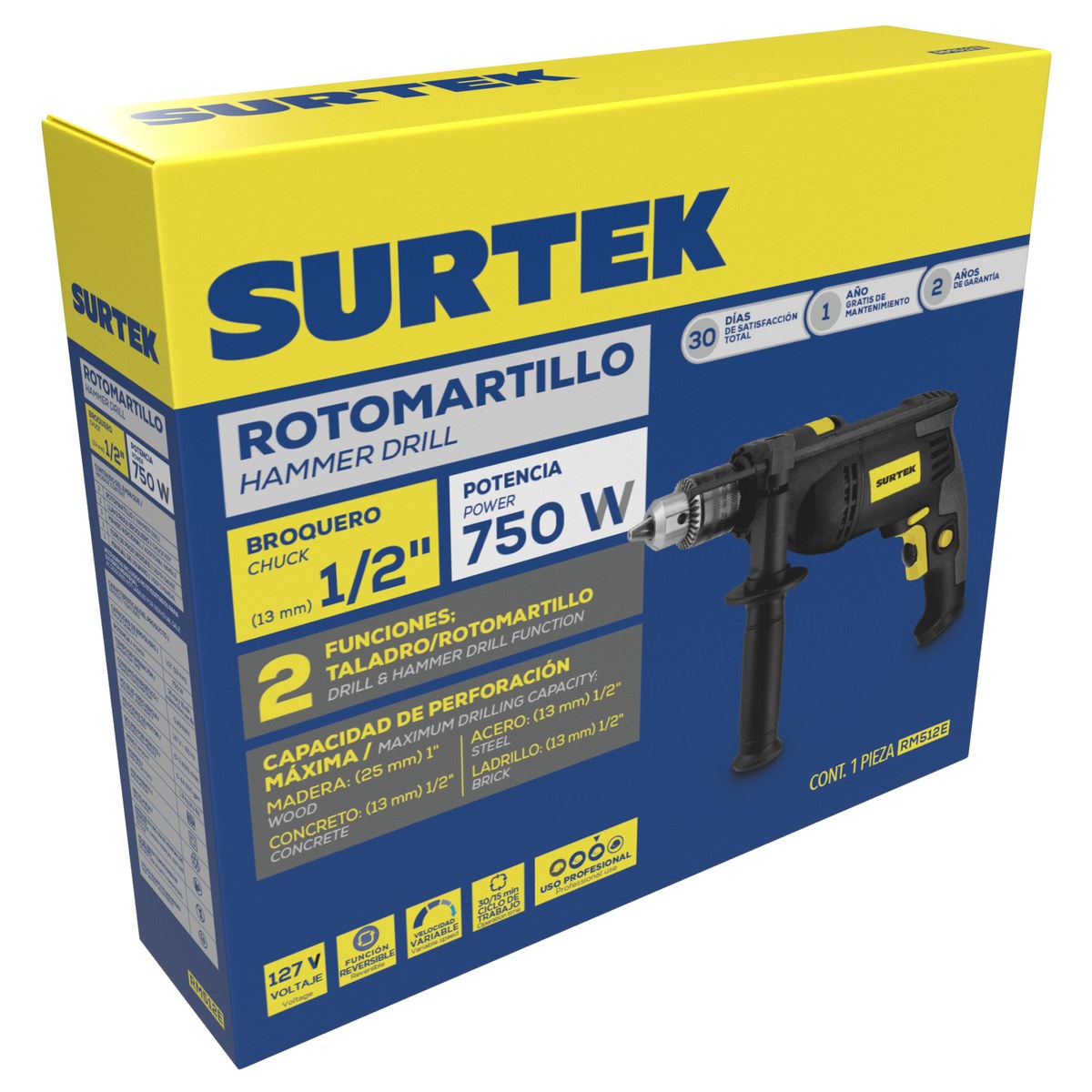 Rotomartillo 1/2" 750 W 127 V, 0 - 3,000 RPM con botón de traba para trabajos continuos Surtek - Imagen 2