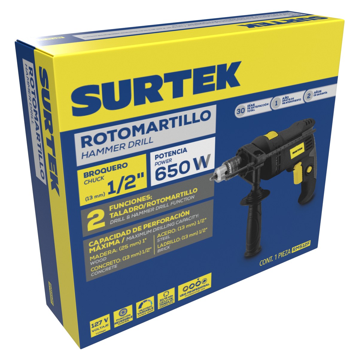 Rotomartillo 1/2" 650 W 127 V, 0 - 3,000 RPM con botón de traba para trabajos continuos Surtek - Imagen 2