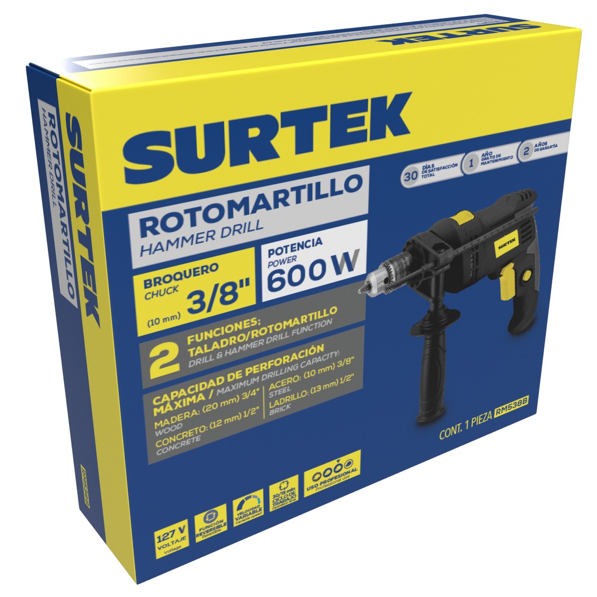 Rotomartillo 3/8" 600 W 127 V, 0 - 2,900 RPM con botón de traba para trabajos continuos Surtek - Imagen 2
