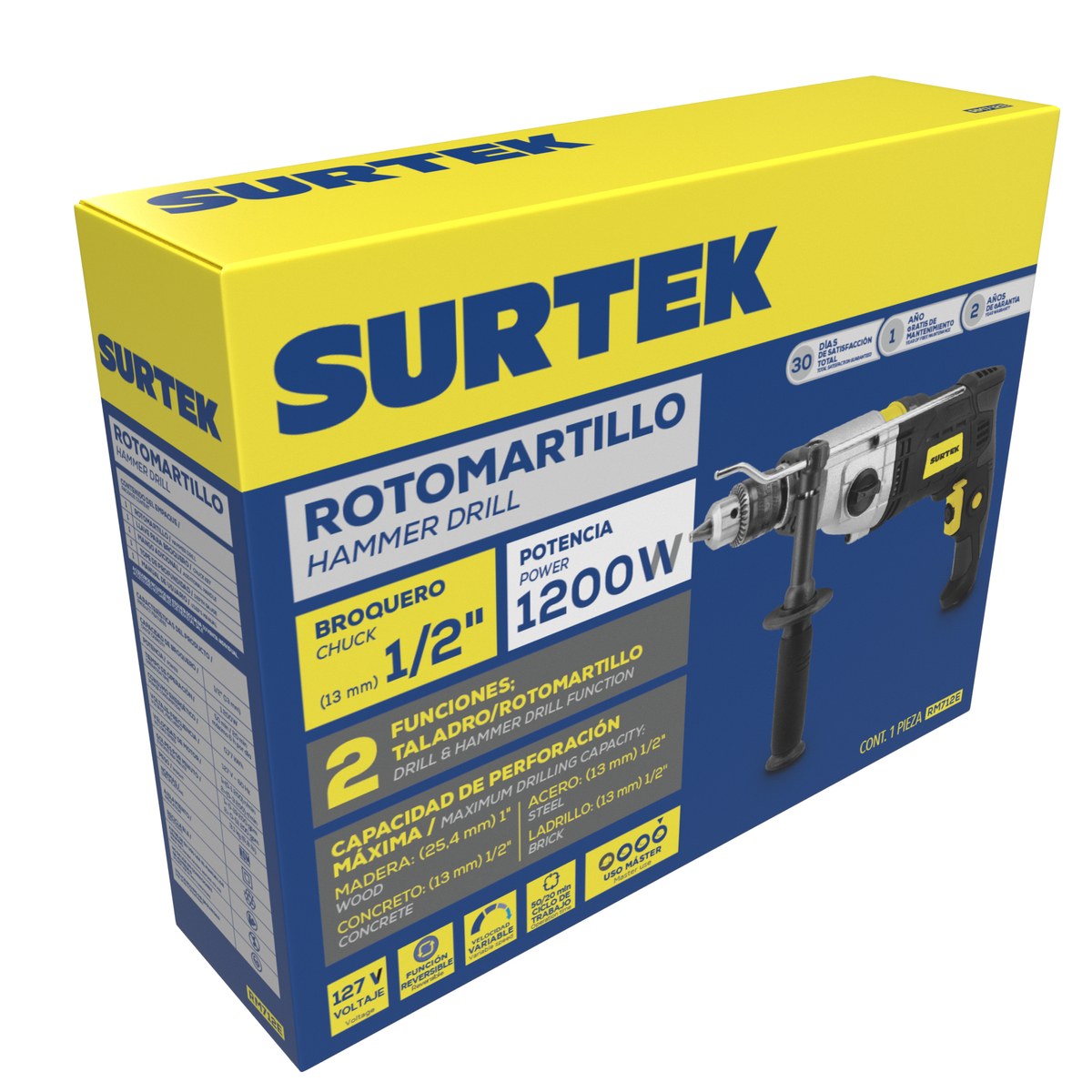 Rotomartillo 1/2" 1200 W 127 V, 0 - 3,200 RPM con botón de traba para trabajos continuos Surtek - Imagen 2