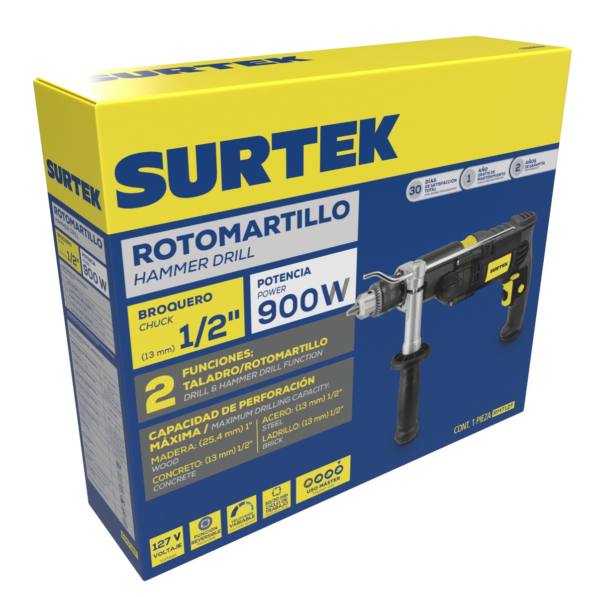 Rotomartillo 1/2" 900 W 127 V, 0 - 3,200 RPM con botón de traba para trabajos continuos Surtek - Imagen 2