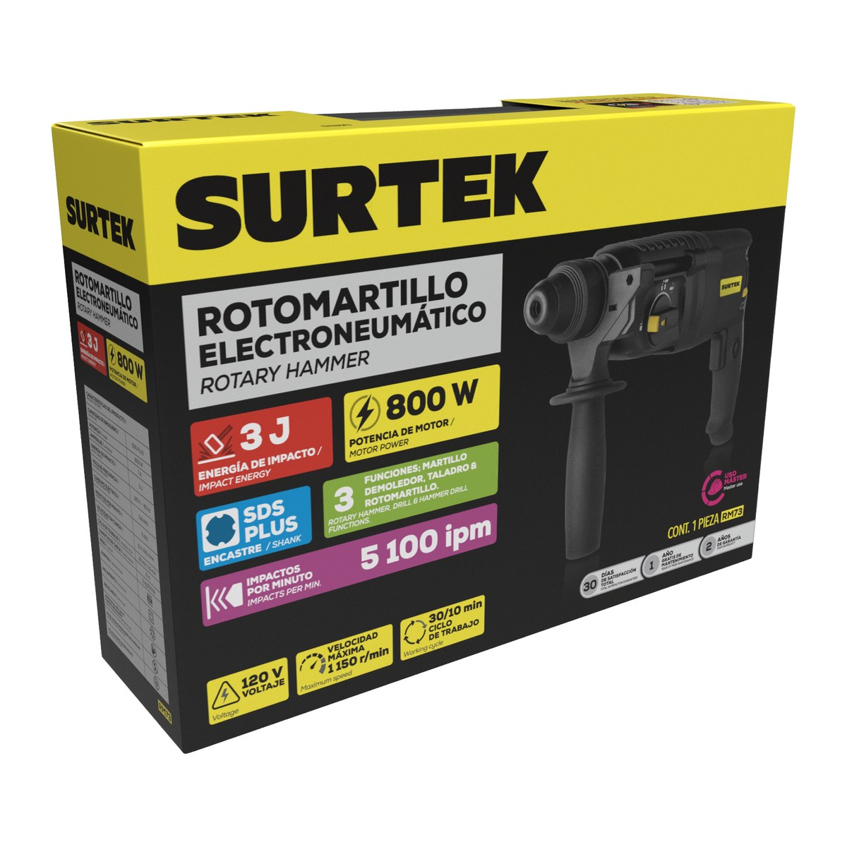 Rotomartillo electroneumático SDS Plus 800W, 120V, 3J, 0-1150RPM Surtek - Imagen 2