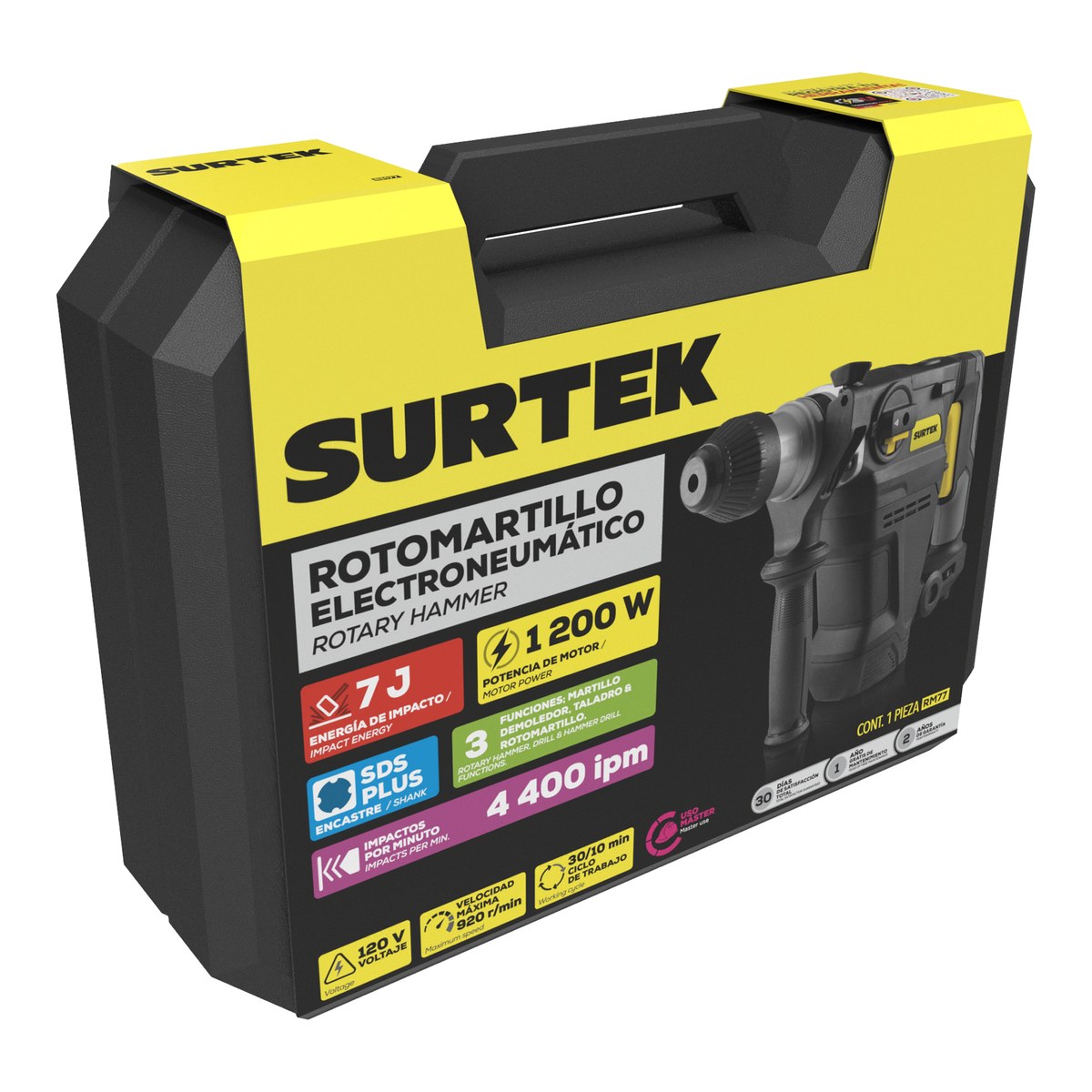 Rotomartillo electroneumático SDS Plus 1200W, 120V, 7J, 4400RPM Surtek - Imagen 2