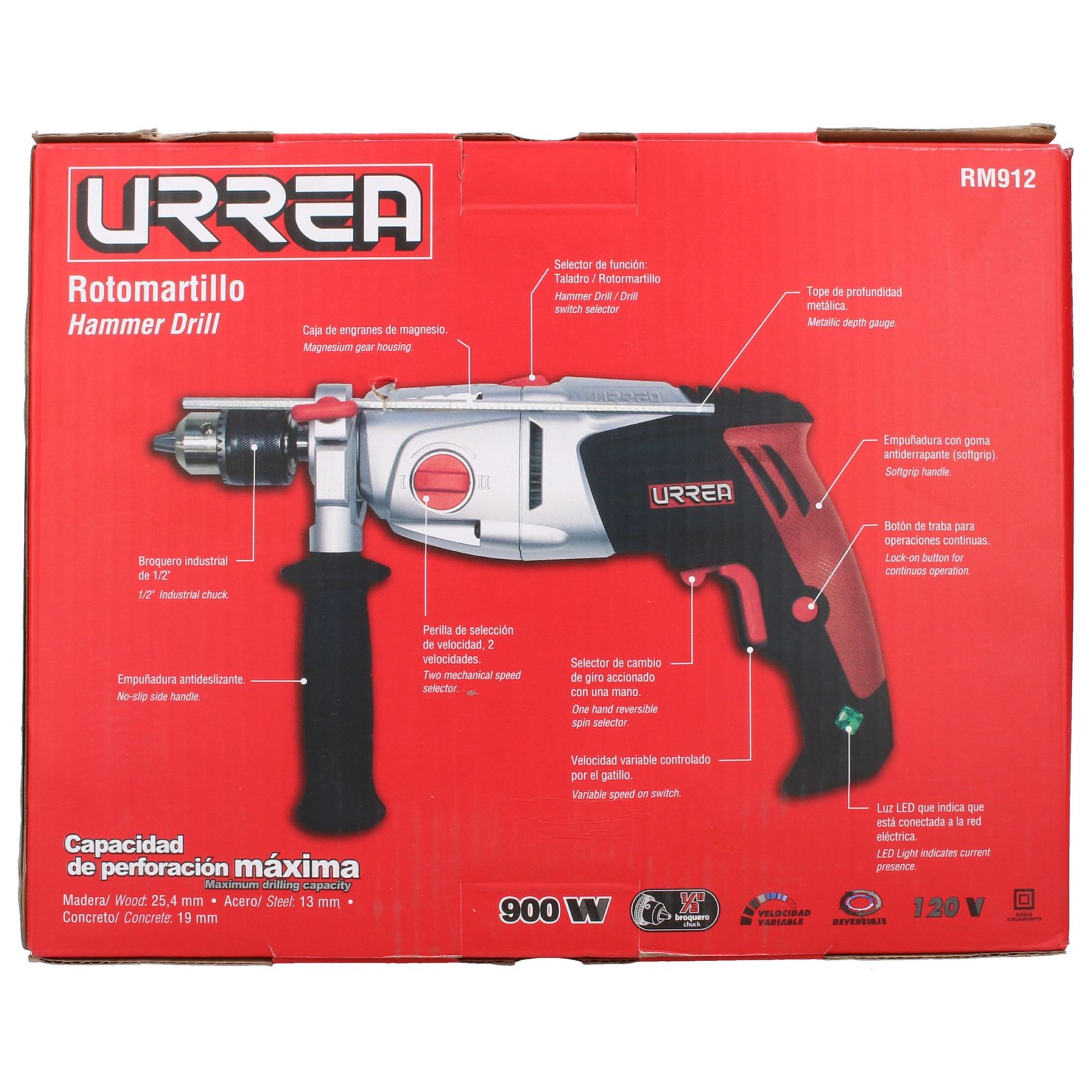 Rotomartillo 1/2" 900 W 120 V, 2 velocidades 1080 y 3000 RPM Urrea - Imagen 3