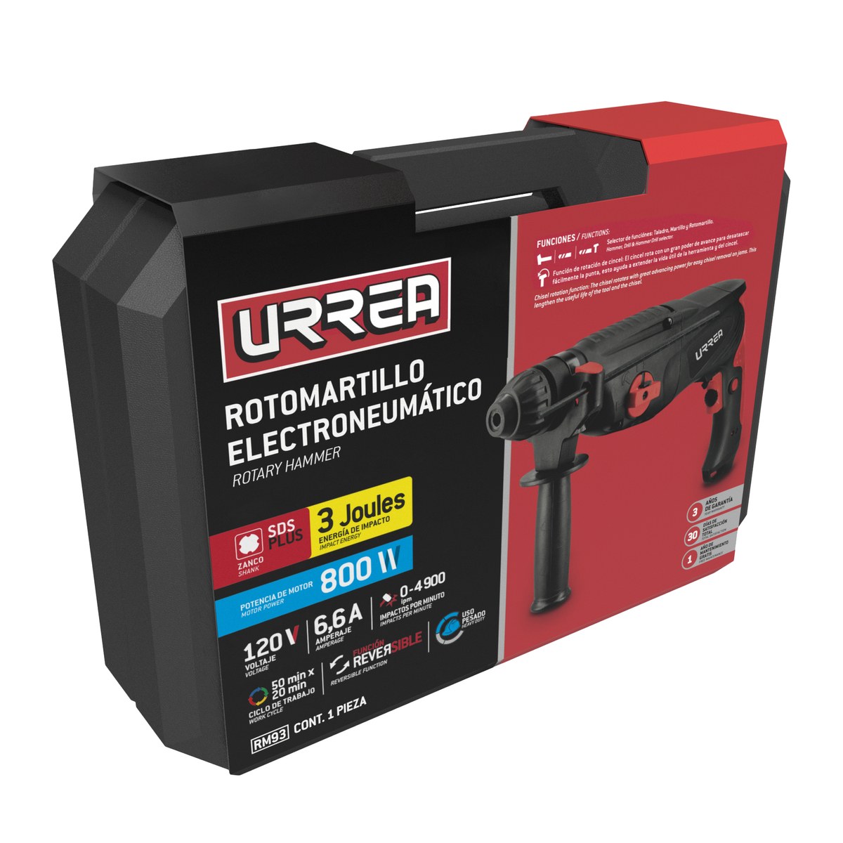 Rotomartillo electroneumático SDS Plus 800 W, 120 V, 3J, 0-1100 RPM Urrea - Imagen 2