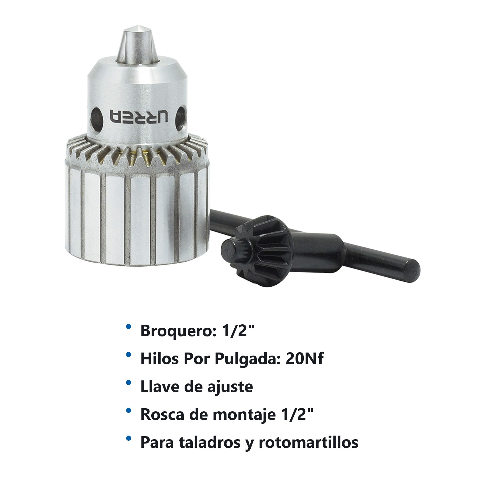 Broquero para rotomartillos 1/2" con rosca 1/2" - 20NF con llave Urrea - Imagen 2