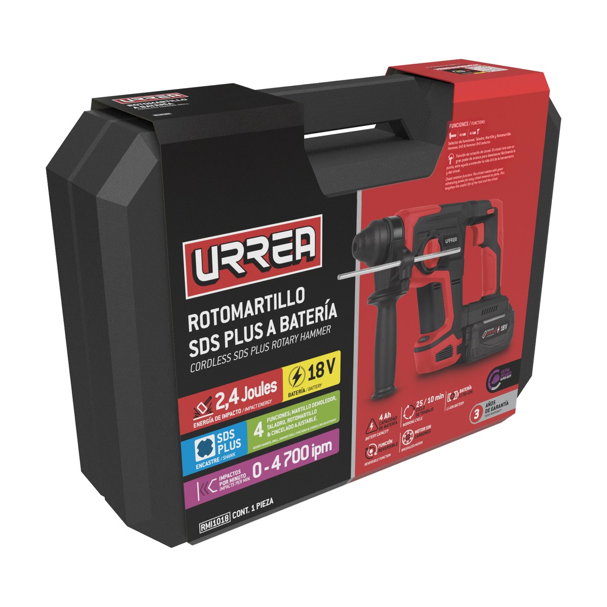 Rotomartillo de impacto 1/2" SDS Plus a batería Litio-ion 18 V Urrea - Imagen 2