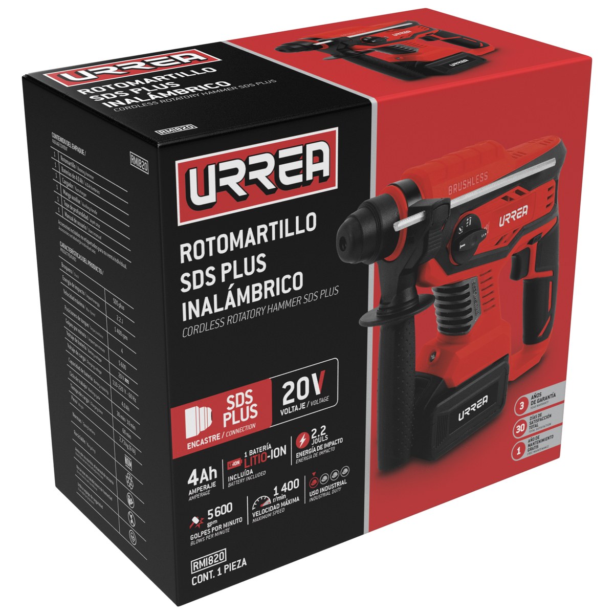 Rotomartillo SDS plus 4Ah  a batería Litio-ion 20 V, 1400 RPM Urrea - Imagen 2
