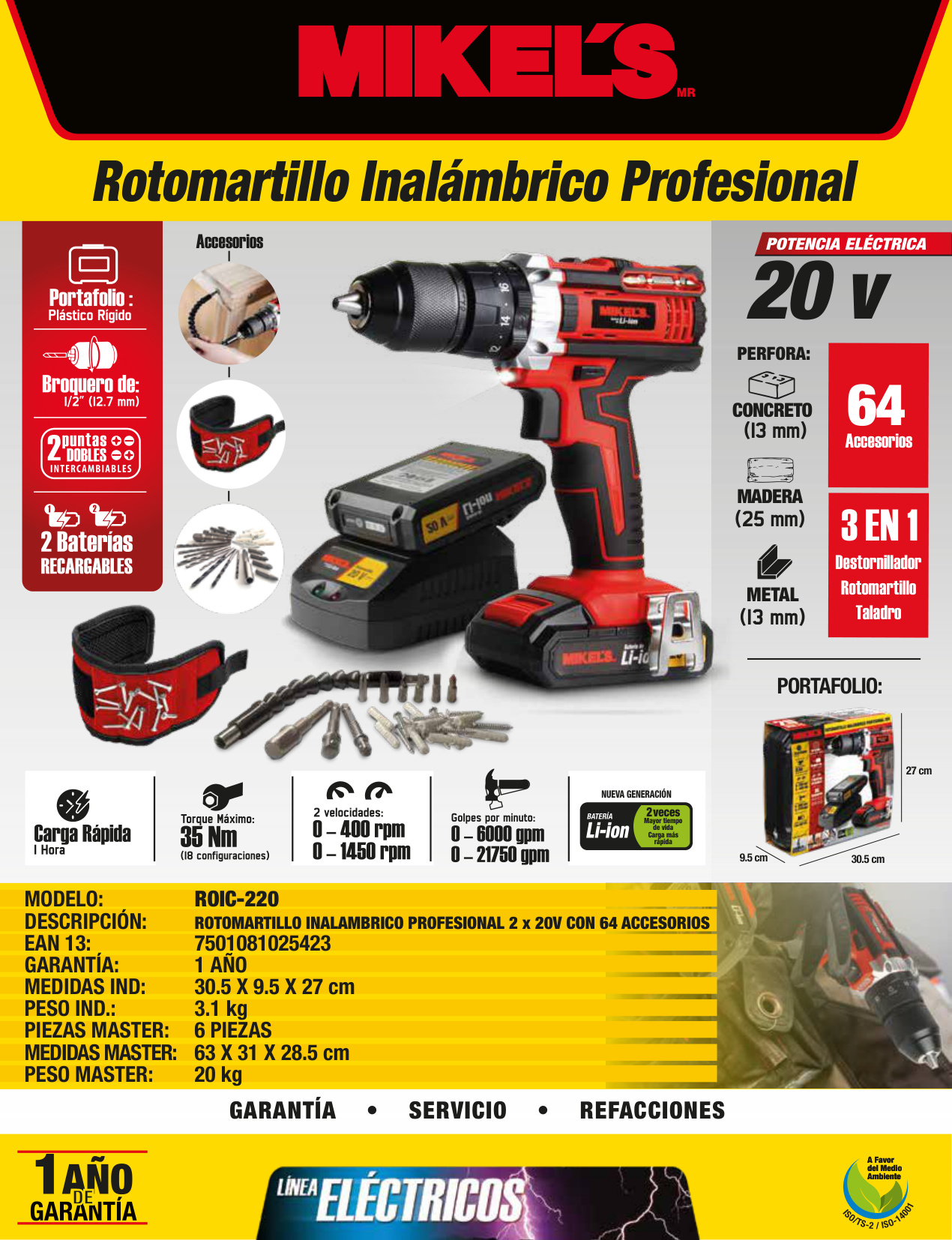 MIKELS ROIC-220 Rotomartillo inalámbrico (2x20 V) con 64 accesorios - Imagen 4