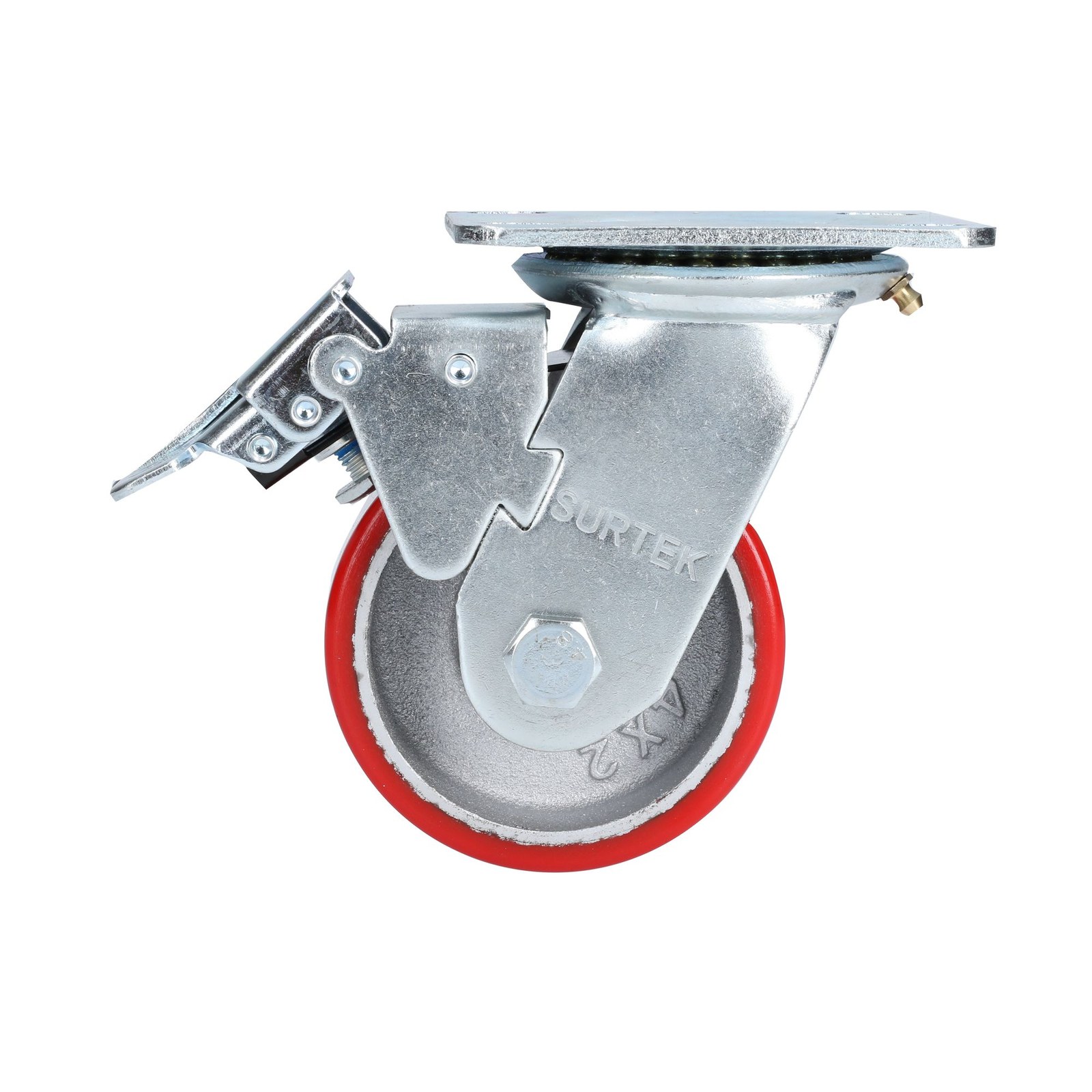 Rodaja de fierro con poliuretano rojo giratoria con freno 4" Surtek - Imagen 4