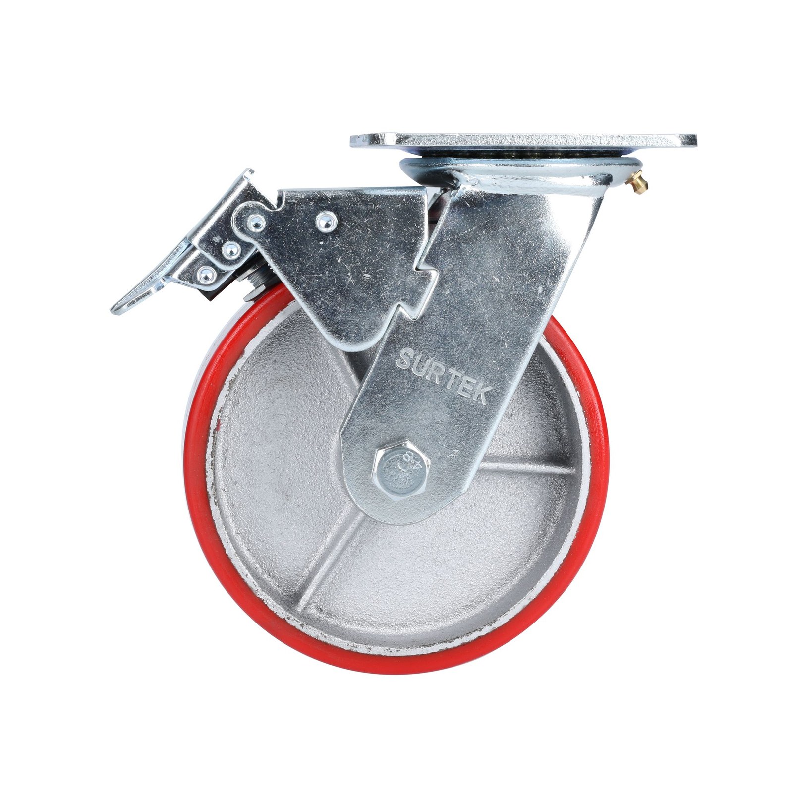Rodaja de fierro con poliuretano rojo giratoria con freno 6" Surtek - Imagen 3