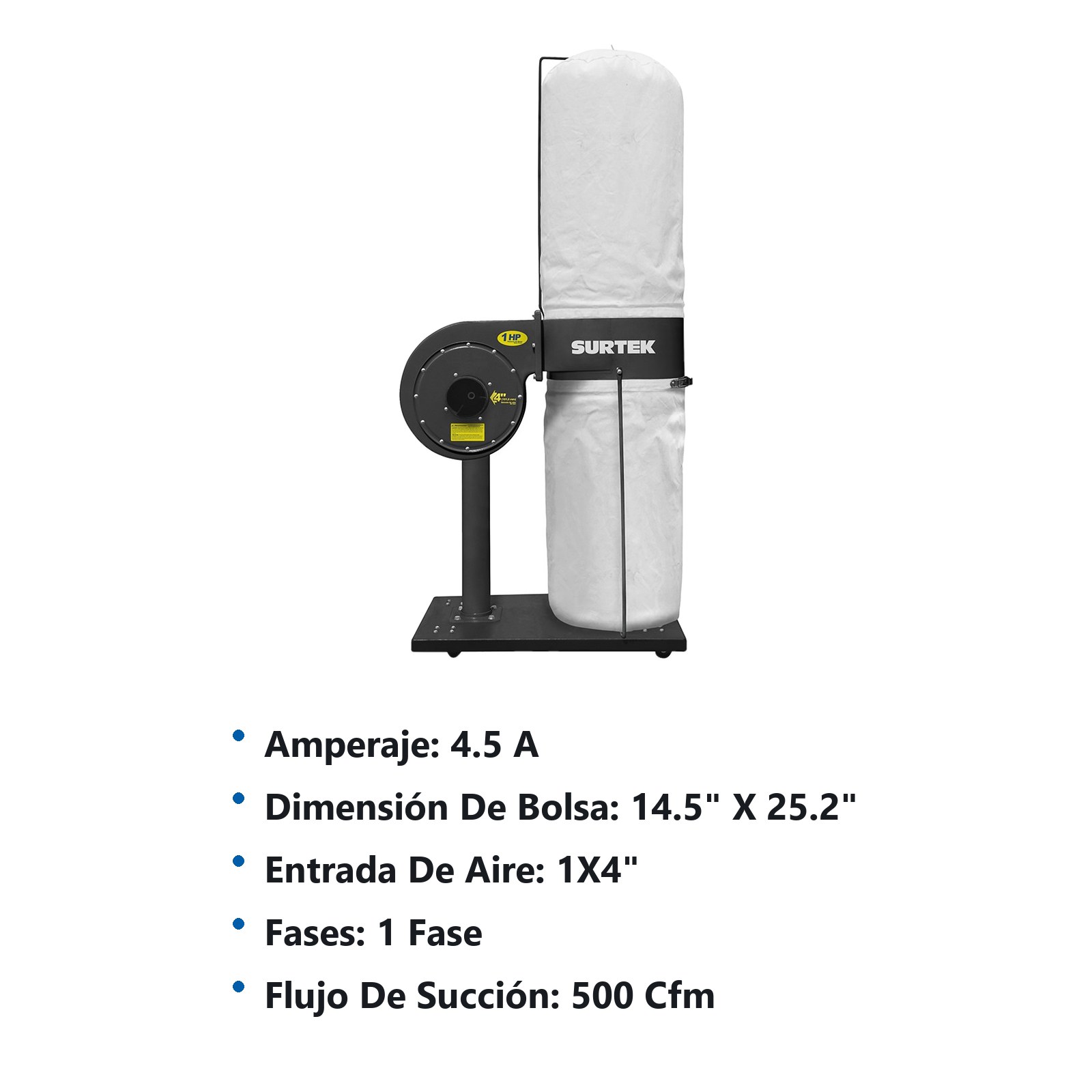 Colector de polvo 1 x 4" 1 HP 120 V, 3400 RPM Surtek - Imagen 2