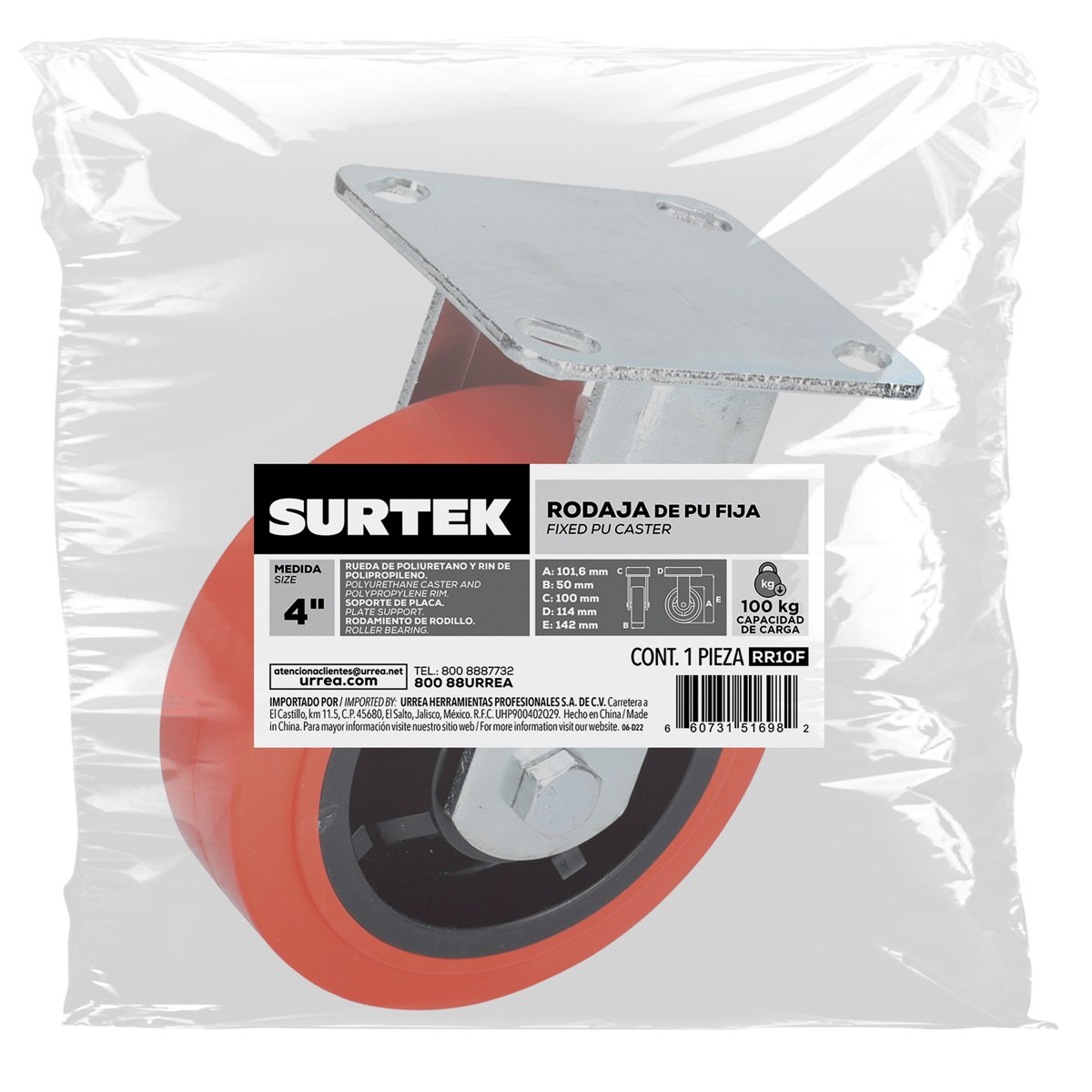 Rodaja de poliuretano rojo fija 4" Surtek - Imagen 2