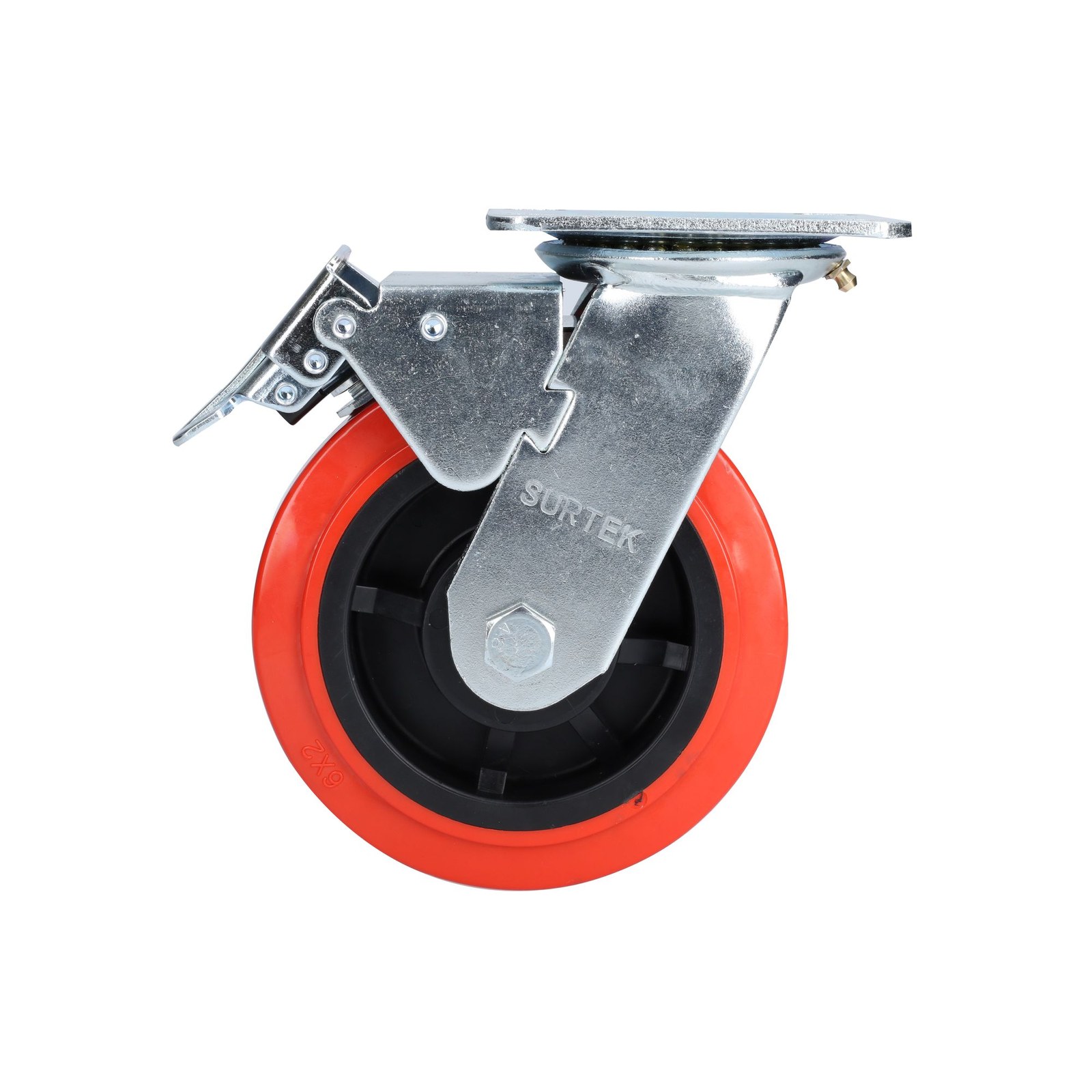 Rodaja de poliuretano rojo giratoria con freno 6" Surtek - Imagen 3