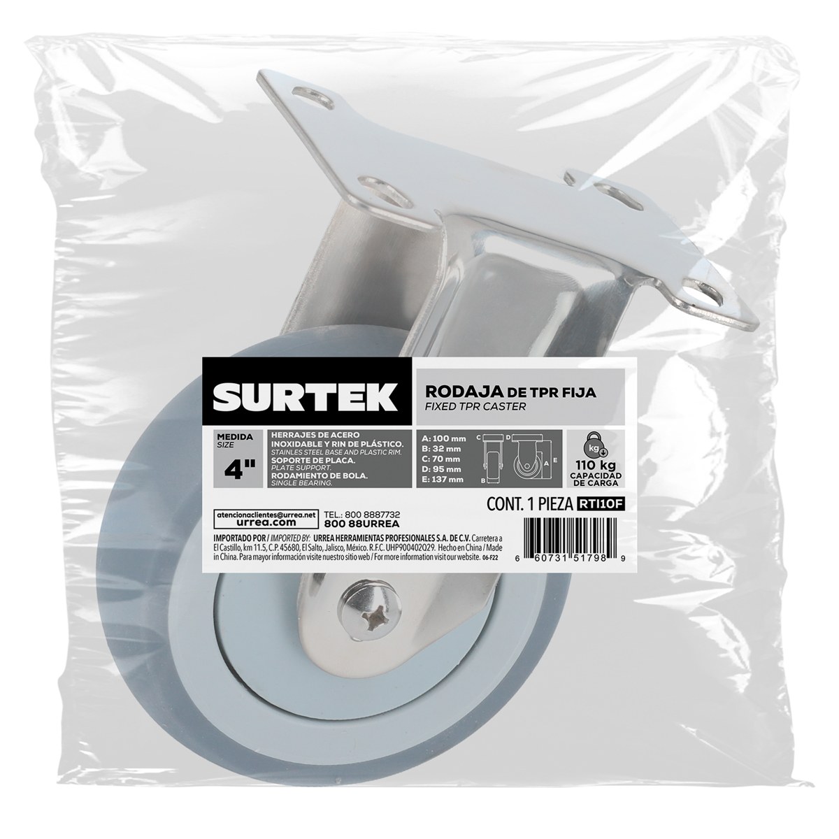 Rodaja de TPR gris con herrajes de acero inoxidable fija 4" Surtek - Imagen 2