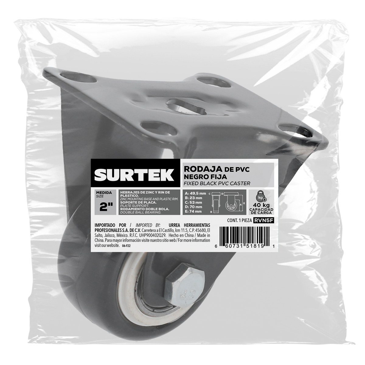 Rodaja de PVC negro con placa fija 2" Surtek - Imagen 2