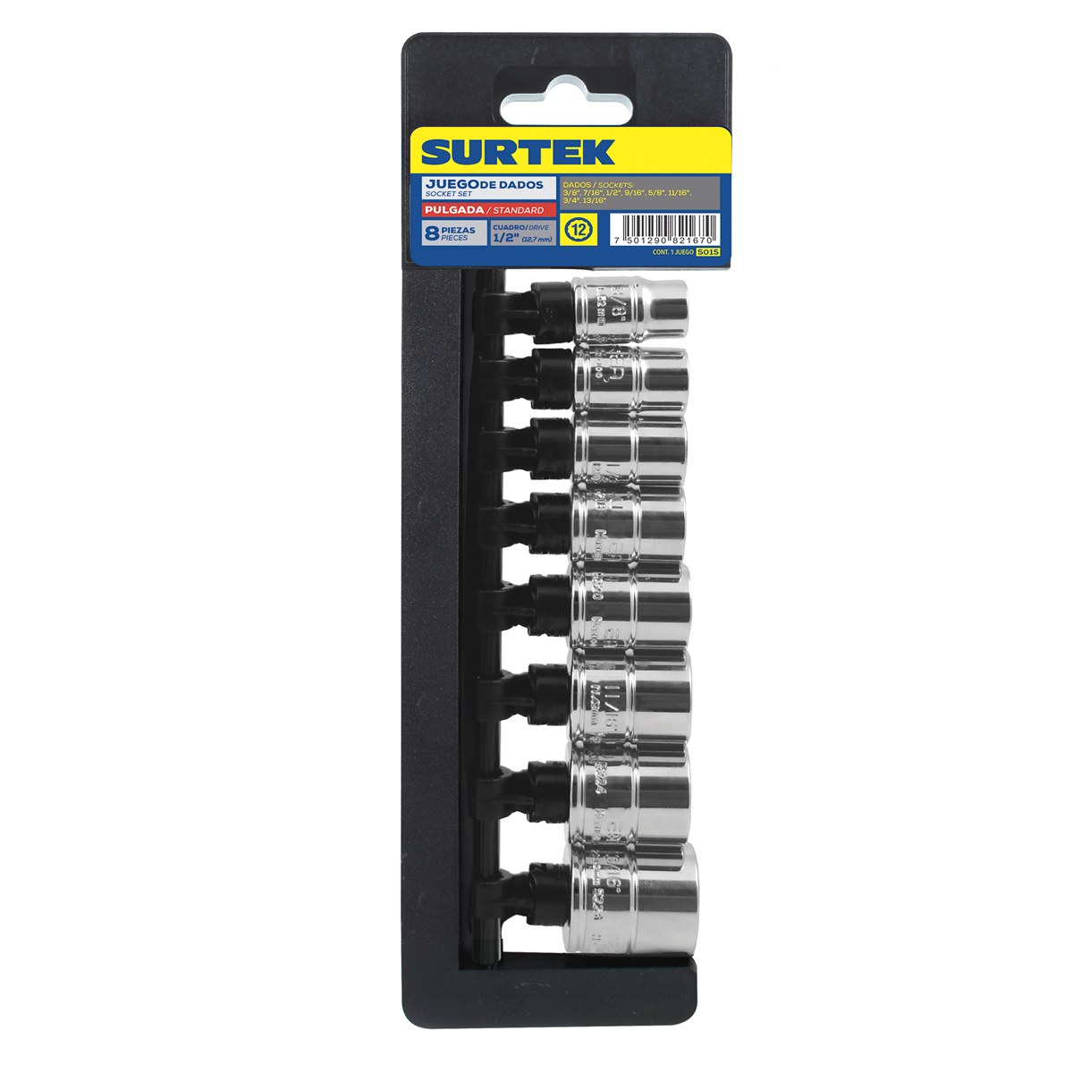 Juego de dados cuadro de 1/2" en pulgadas, 12 puntas, 8 piezas Surtek - Imagen 2