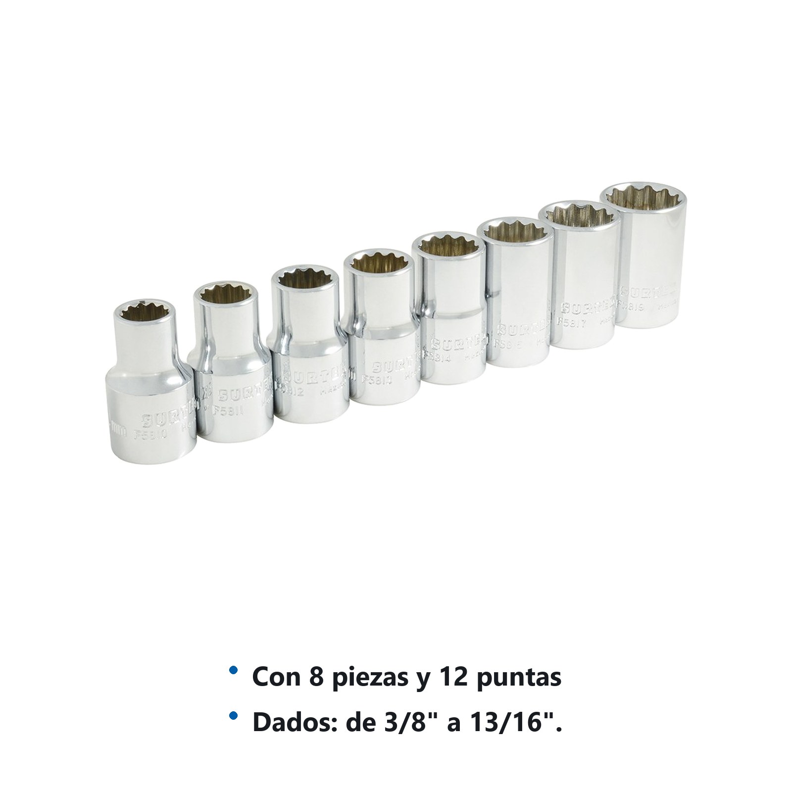 Juego de dados cuadro de 1/2" en pulgadas, 12 puntas, 8 piezas Surtek - Imagen 3