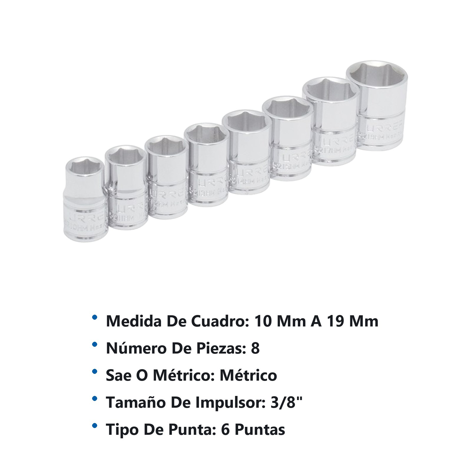 Juego de dados cuadro de 3/8", 6 puntas, métricos, 8 piezas Urrea - Imagen 3