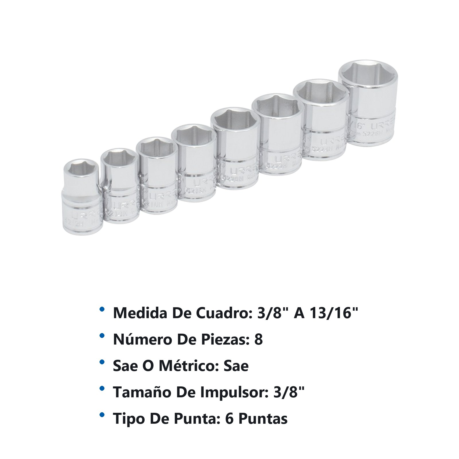 Juego de dados cuadro de 3/8", 6 puntas, en pulgadas, 8 piezas Urrea - Imagen 3