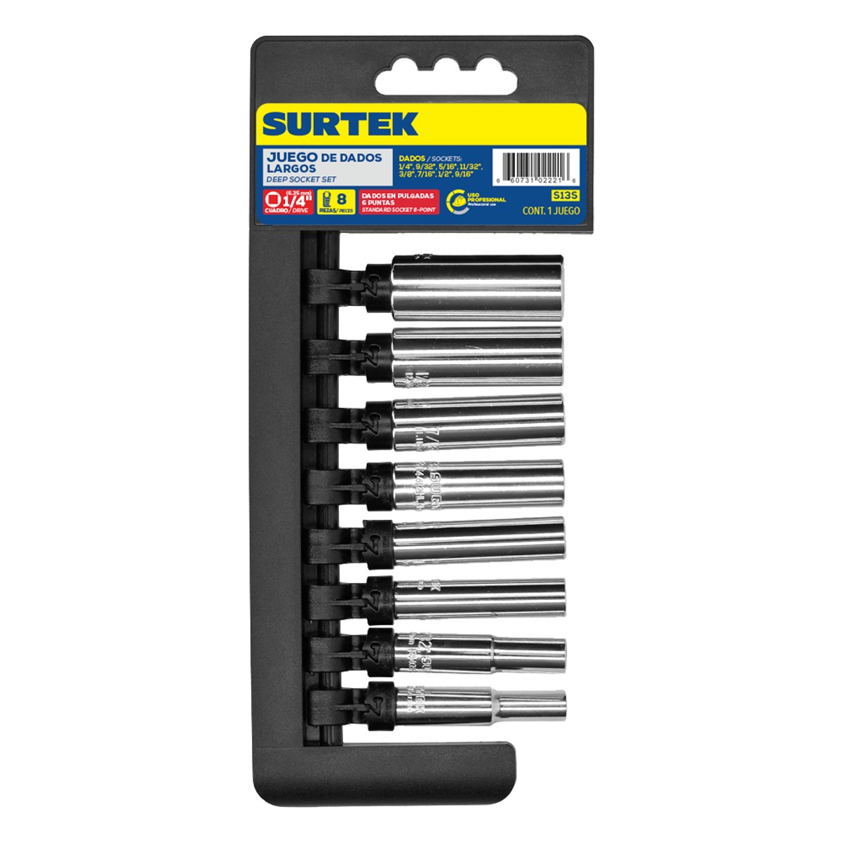Juego de dados largos cuadro de 1/4", 6 puntas, en pulgadas, 8 piezas Surtek - Imagen 2