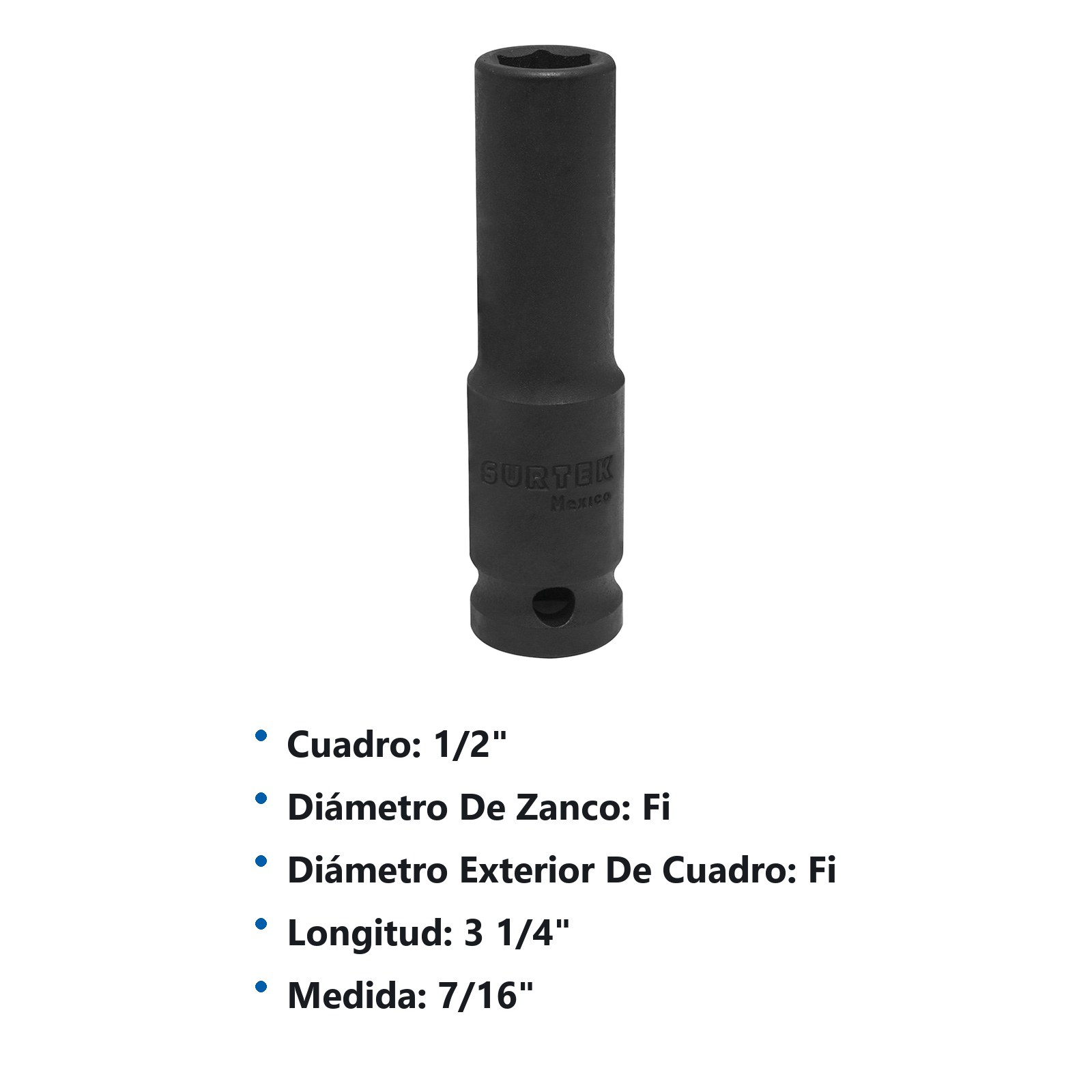 Dado de impacto largo cuadro de 1/2", 6 puntas, en pulgadas, 7/16" Surtek - Imagen 2