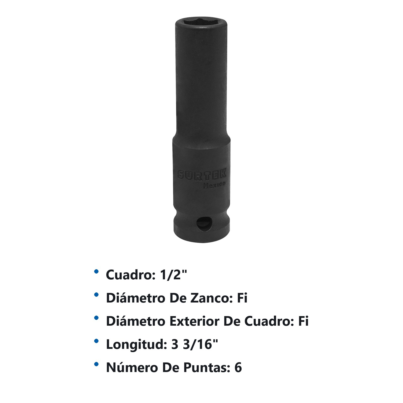Dado de impacto largo cuadro de 1/2", 6 puntas, en pulgadas, 1/2" Surtek - Imagen 2
