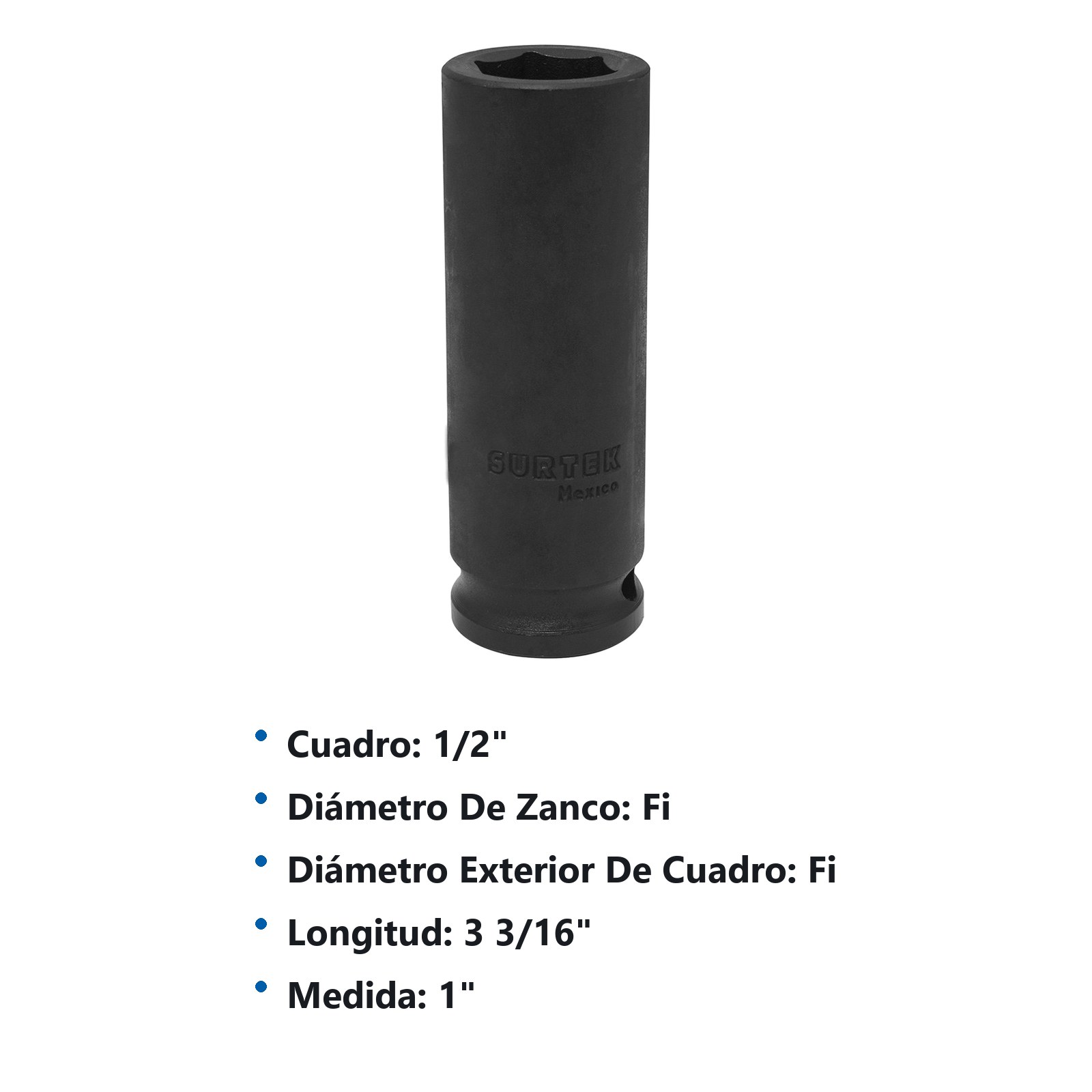 Dado de impacto largo cuadro de 1/2", 6 puntas, en pulgadas, 1" Surtek - Imagen 2