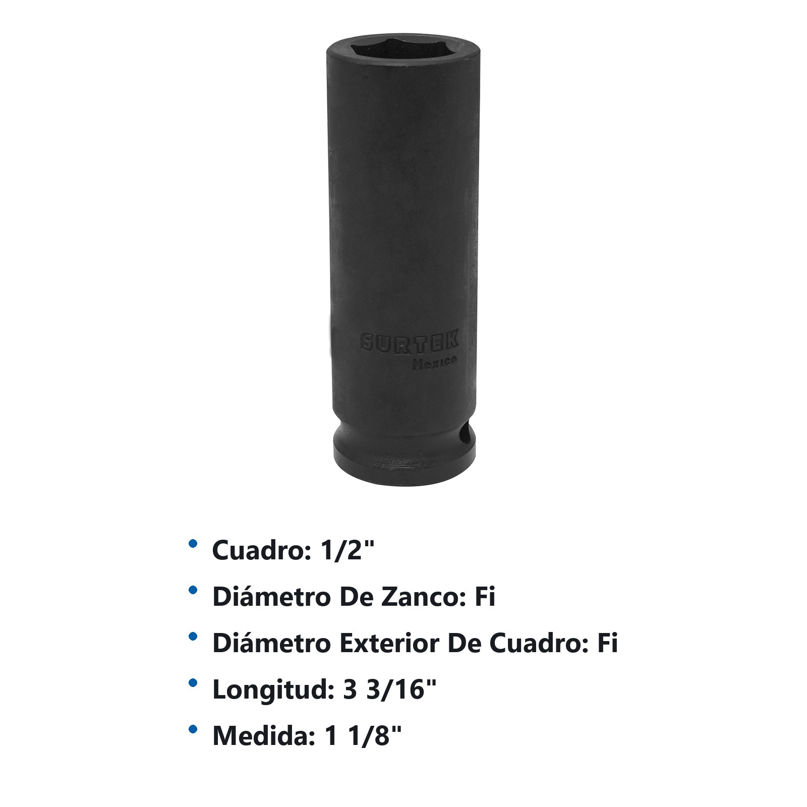 Dado de impacto largo cuadro de 1/2", 6 puntas, en pulgadas, 1-1/8" Surtek - Imagen 2