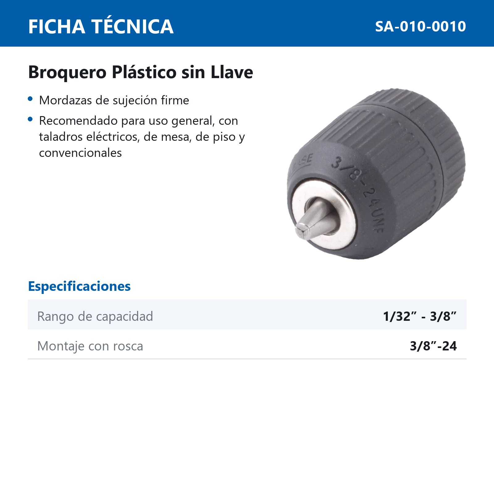 BROQUERO PLASTICO SIN LLAVE 3/8" MONTAJE ROSCA 3/8"-24 - Imagen 2