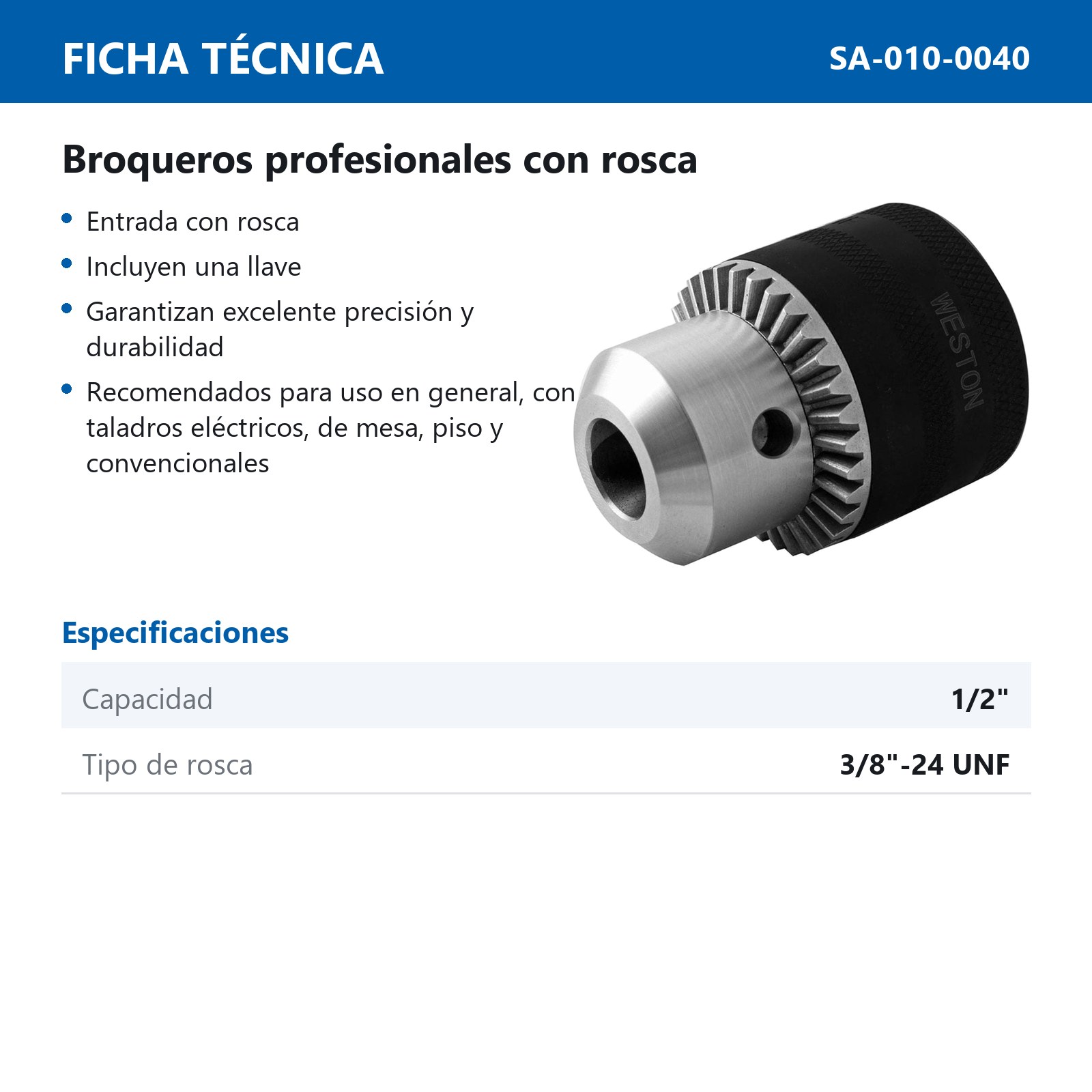 BROQUERO CON LLAVE 1/2" MONTAJE ROSCA 3/8"-24 - Imagen 2