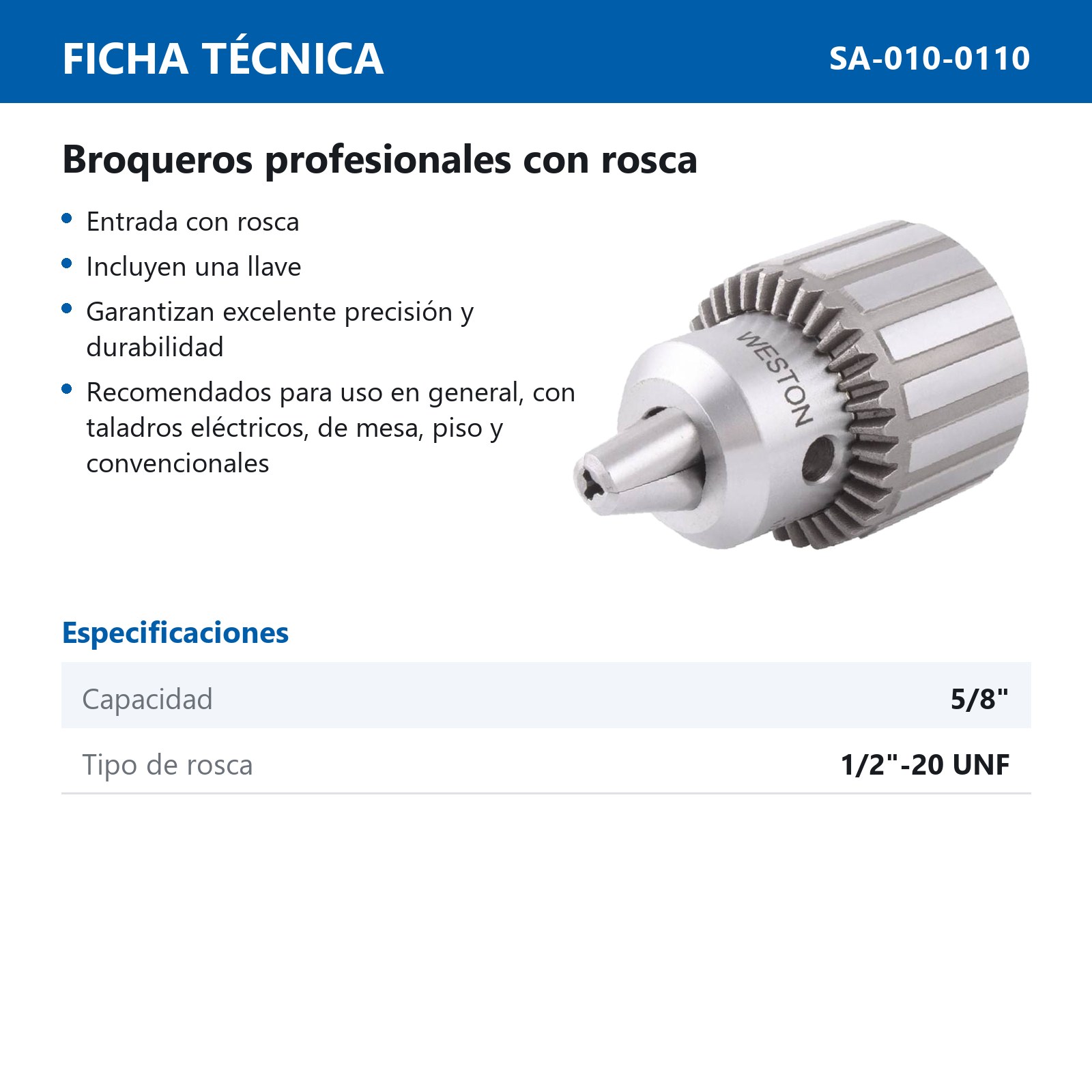 BROQUERO CON LLAVE 5/8" MONTAJE ROSCA 1/2"-20 - Imagen 2