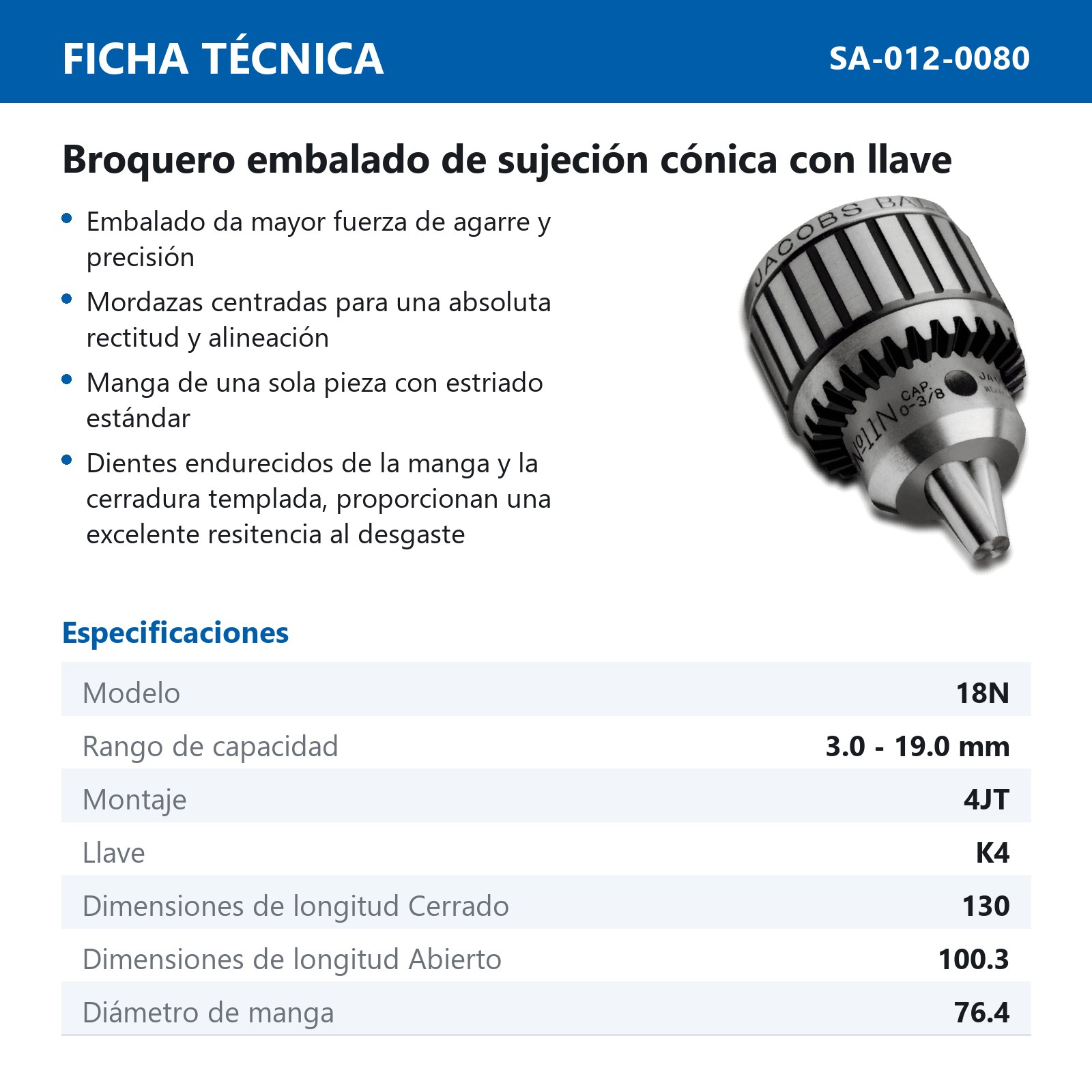 BROQ.JACOBS C/LLAVE 3/4" JT4 18N C/K4 - Imagen 2