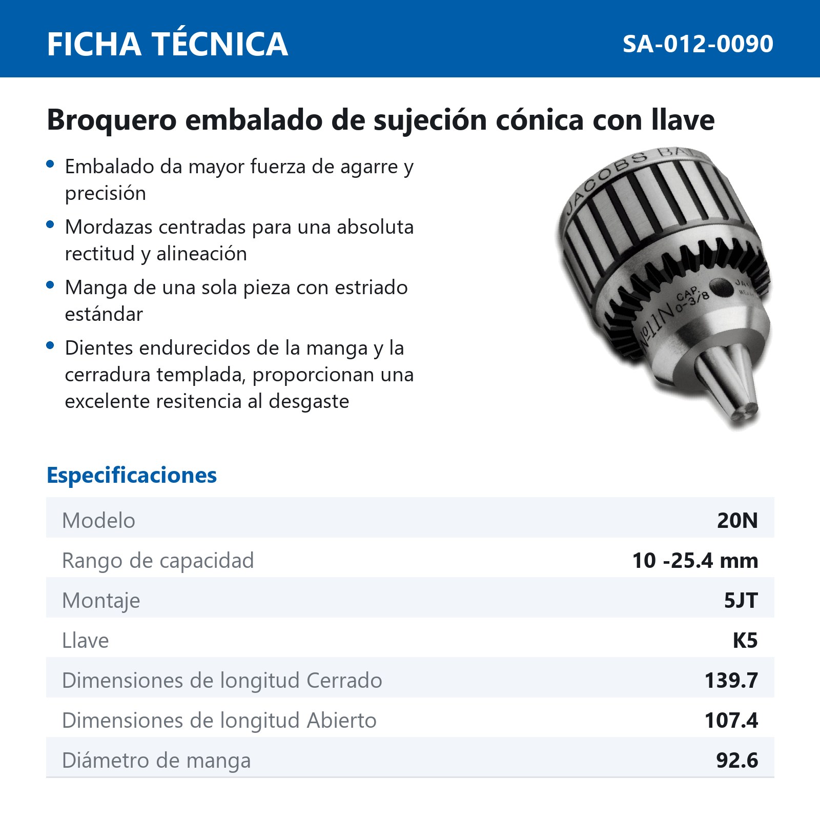 BROQ.JACOBS C/LLAVE 3/8-1"20N C/K5 - Imagen 2