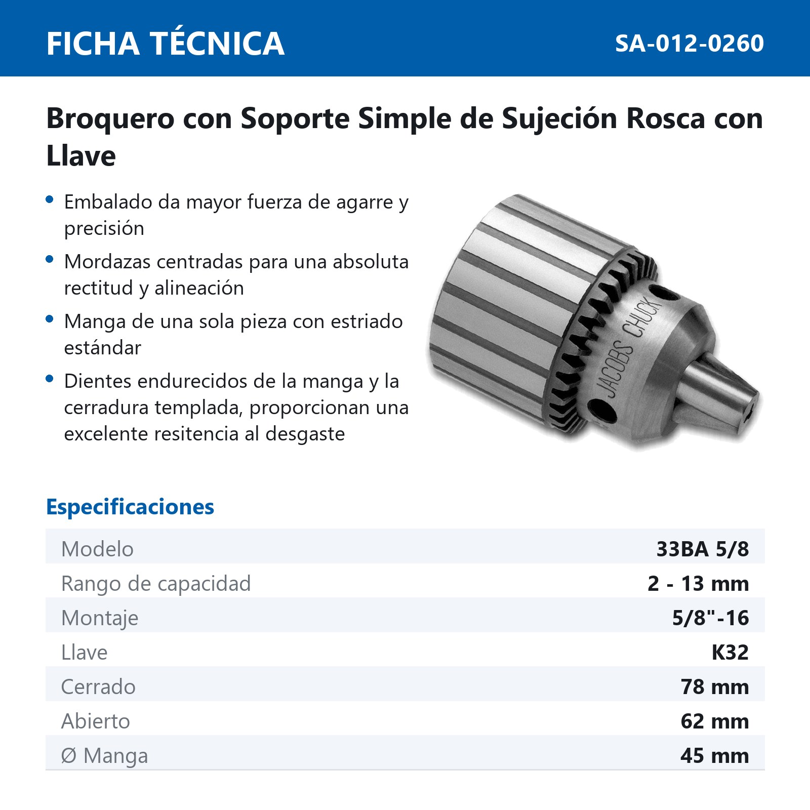 BROQ.JACOBS C/LLAVE 33BA 5/8 C/K32 - Imagen 2