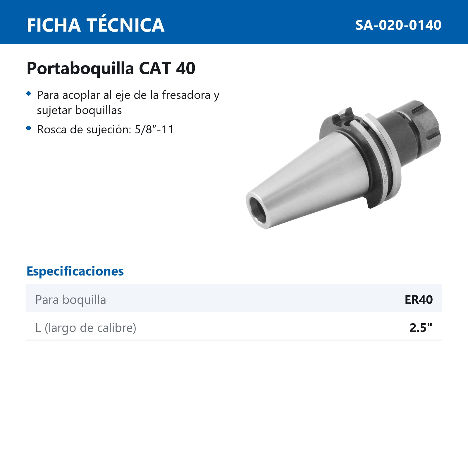 PORTABOQUILLA CAT40 P/ER40 5/8"-11 LARGO 70MM - Imagen 2