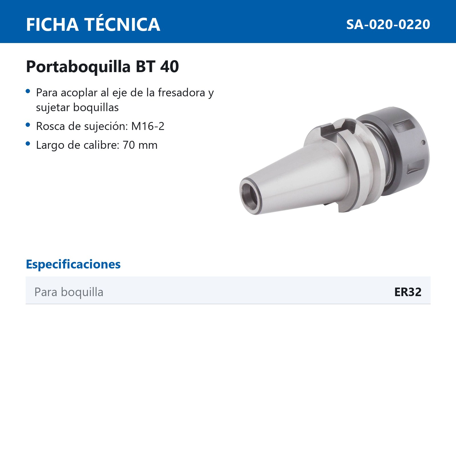 PORTABOQUILLA BT40 P/ER32 M16-2 LARGO 70MM - Imagen 2