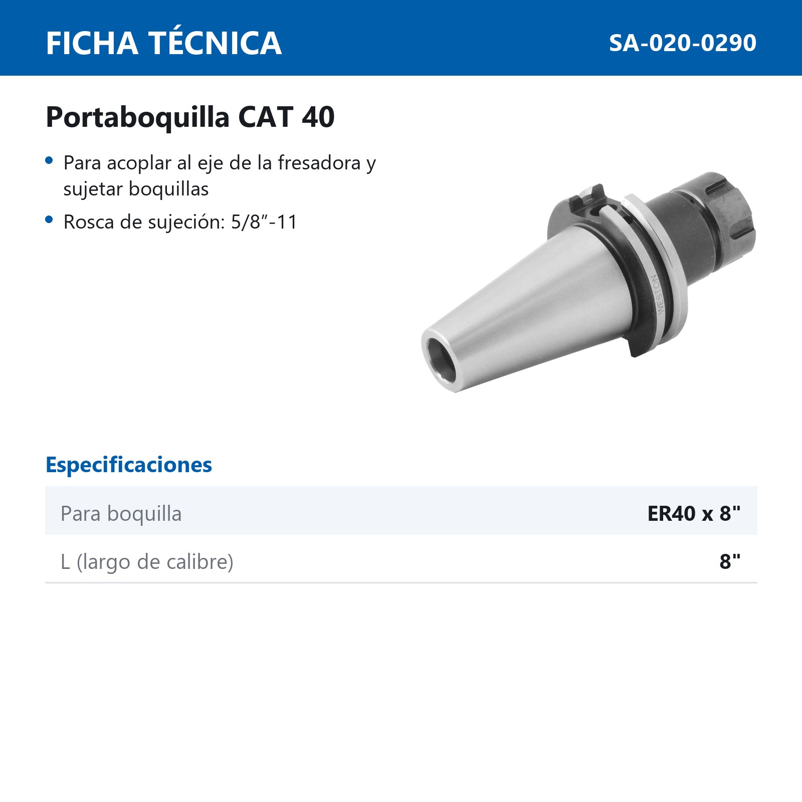 PORTABOQUILLA CAT40 P/ER40 5/8"-11 LARGO 8" - Imagen 2