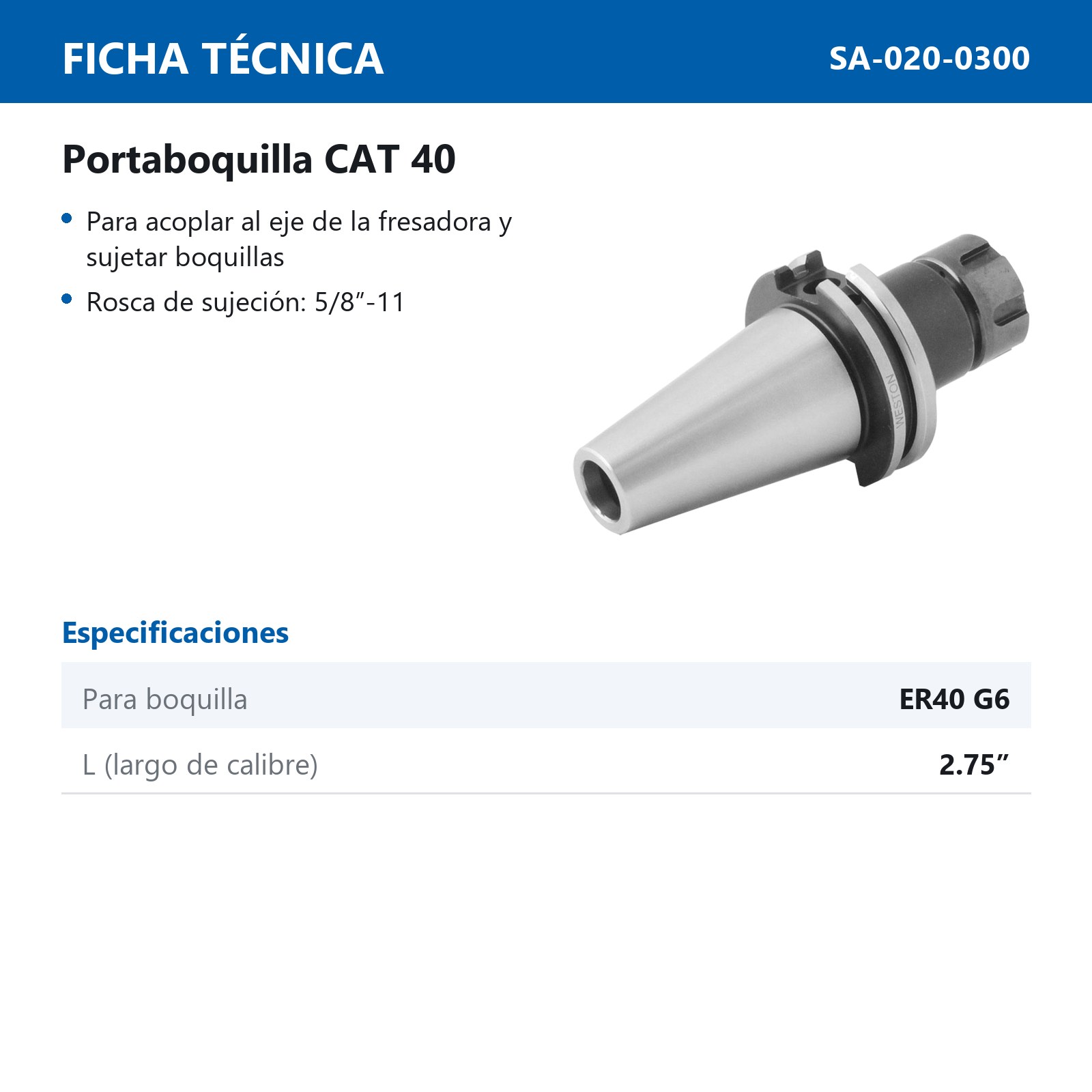 PORTABOQUILLA CAT40 P/ER40 G6 5/8"-11 LARGO 70MM - Imagen 2