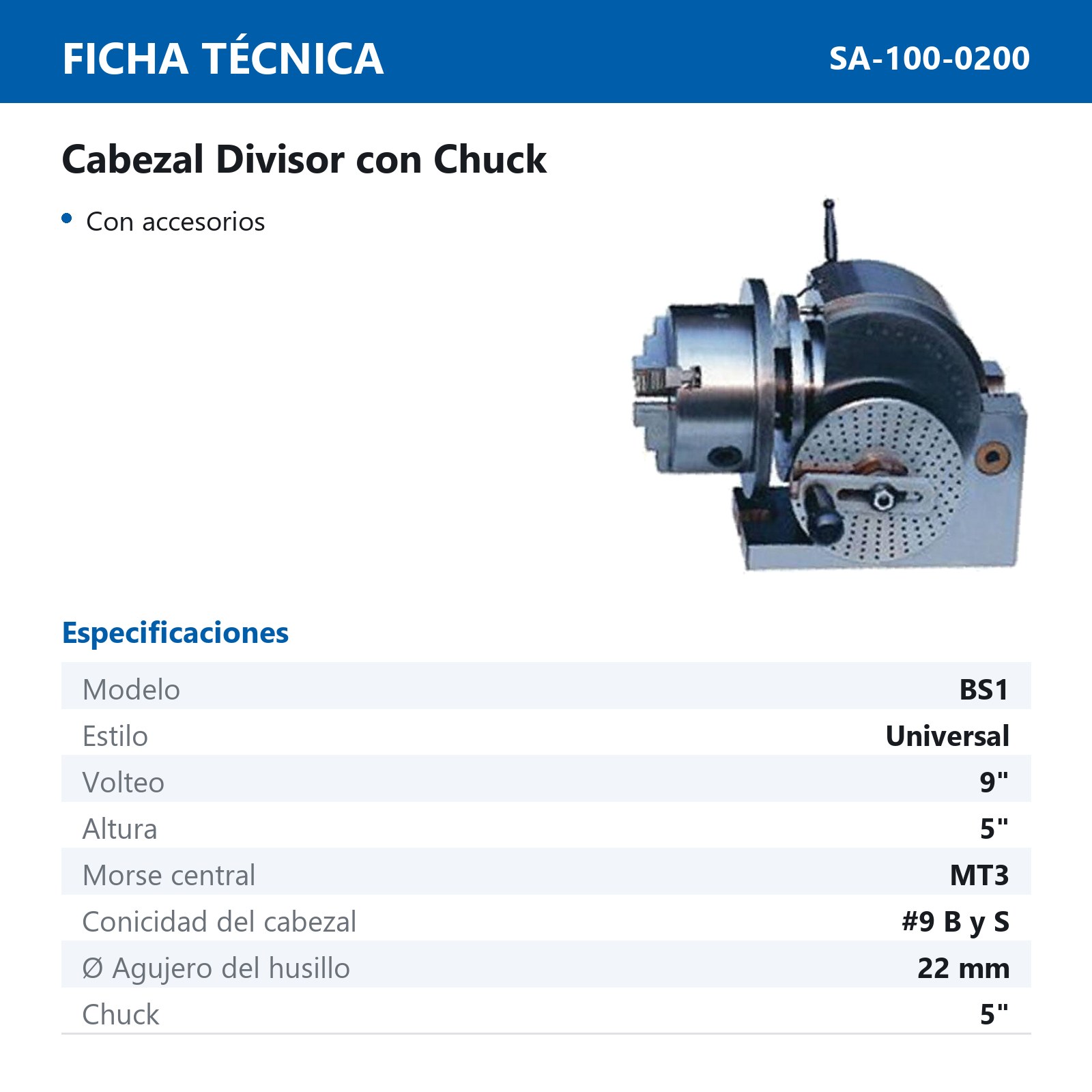 CABEZAL DIVISOR C/CHUCK BS1 F12128 C/CHUCK DE 5" - Imagen 2