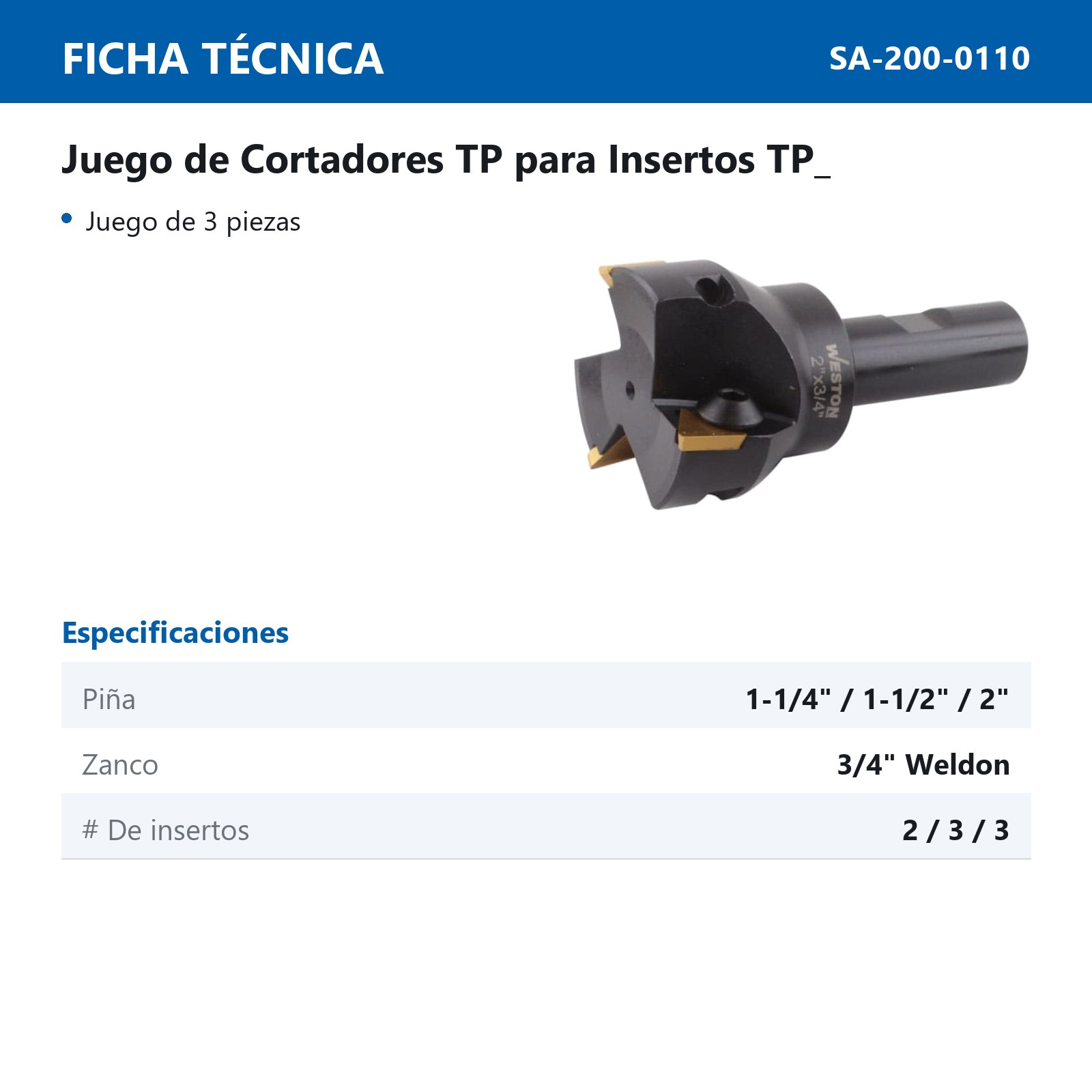 JUEGO DE CORTADORES TP 3 PZAS. ZANCO WELDON 3/4" PIÑA 1-1/4" A 2" P/TPC32 - Imagen 2