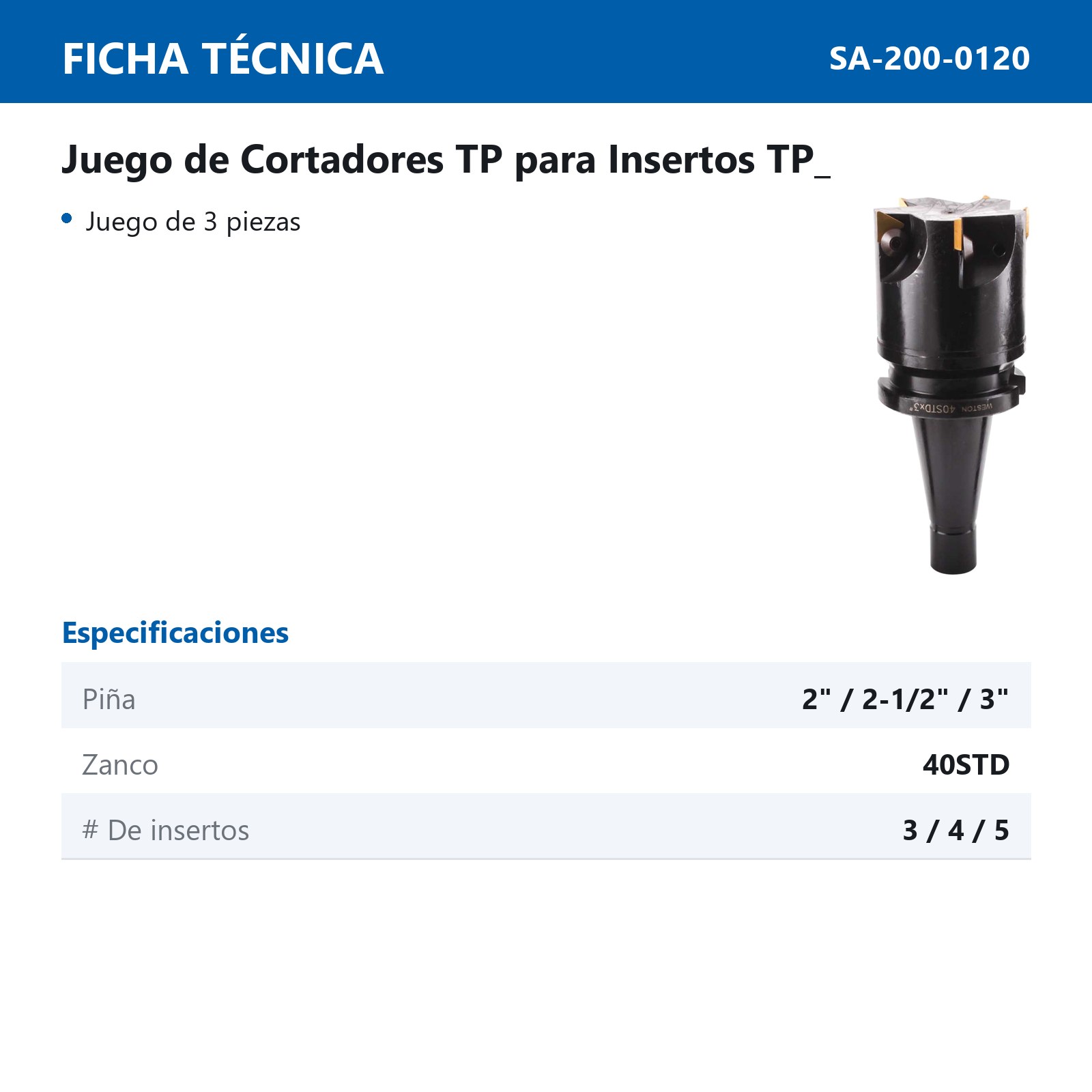 JUEGO DE CORTADORES TP 3 PZAS. ZANCO 40STD PIÑA 2" A 3" P/TPC32 - Imagen 2