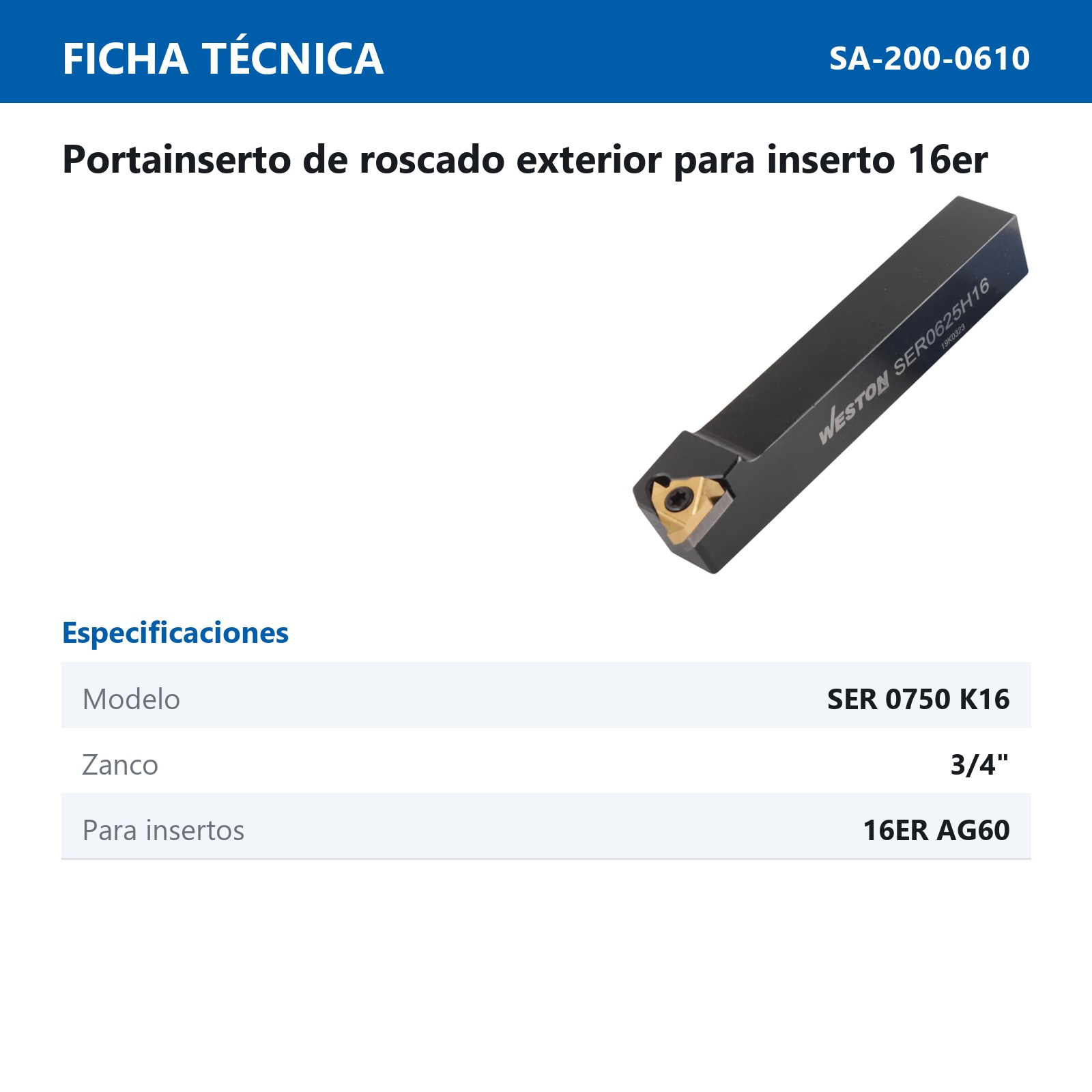 PORTA INSERTO P/ROSCADO EXT. SER 750 K16 3/4" P/16ERAG60 - Imagen 2