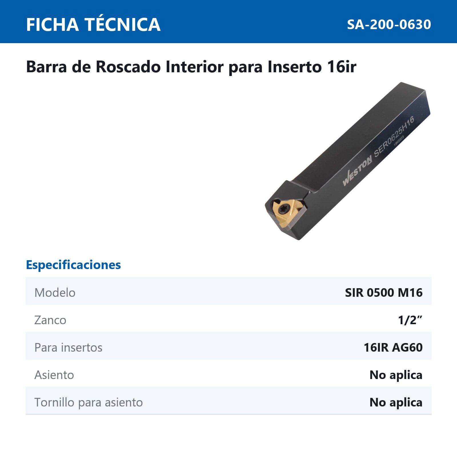 BARRA P/ROSCADO INT. SIR 500 M16 1/2" P/16IRAG60 - Imagen 2