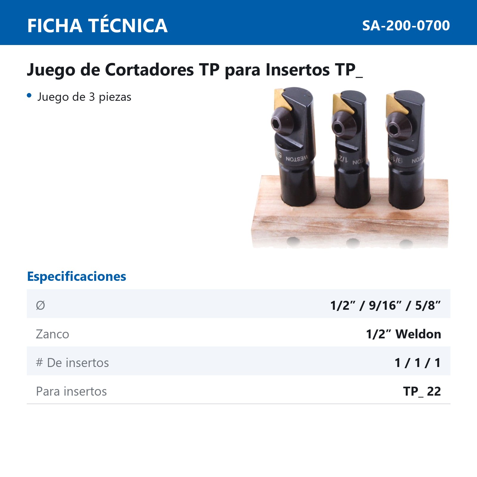 JUEGO DE CORTADORES TP 3 PZAS. ZANCO WELDON 1/2" PIÑA 1/2" A 5/8" P/TPC22 - Imagen 2