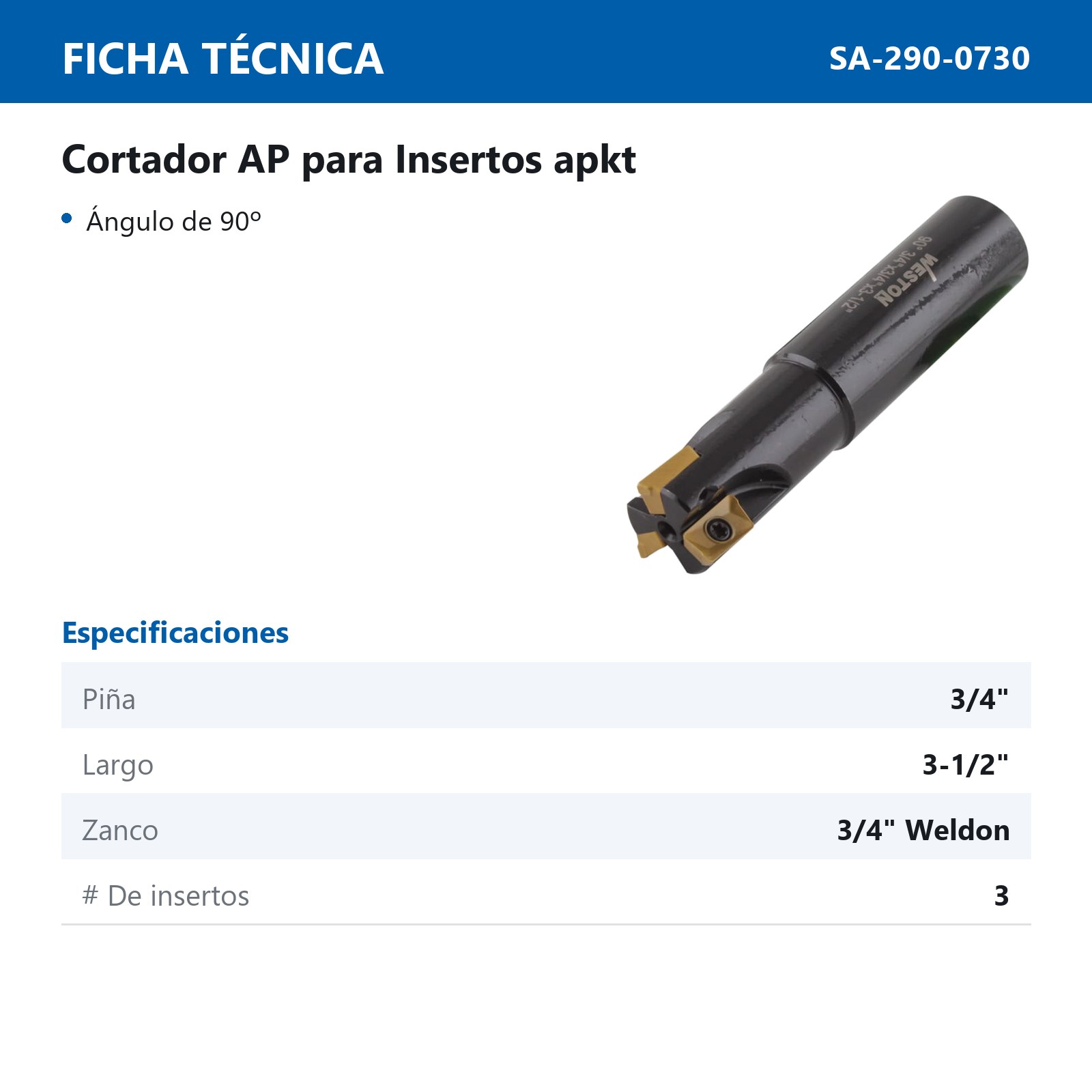 CORTADOR AP ZANCO WELDON 3/4" PIÑA 3/4" 90° P/APKT11T308-PM - Imagen 2